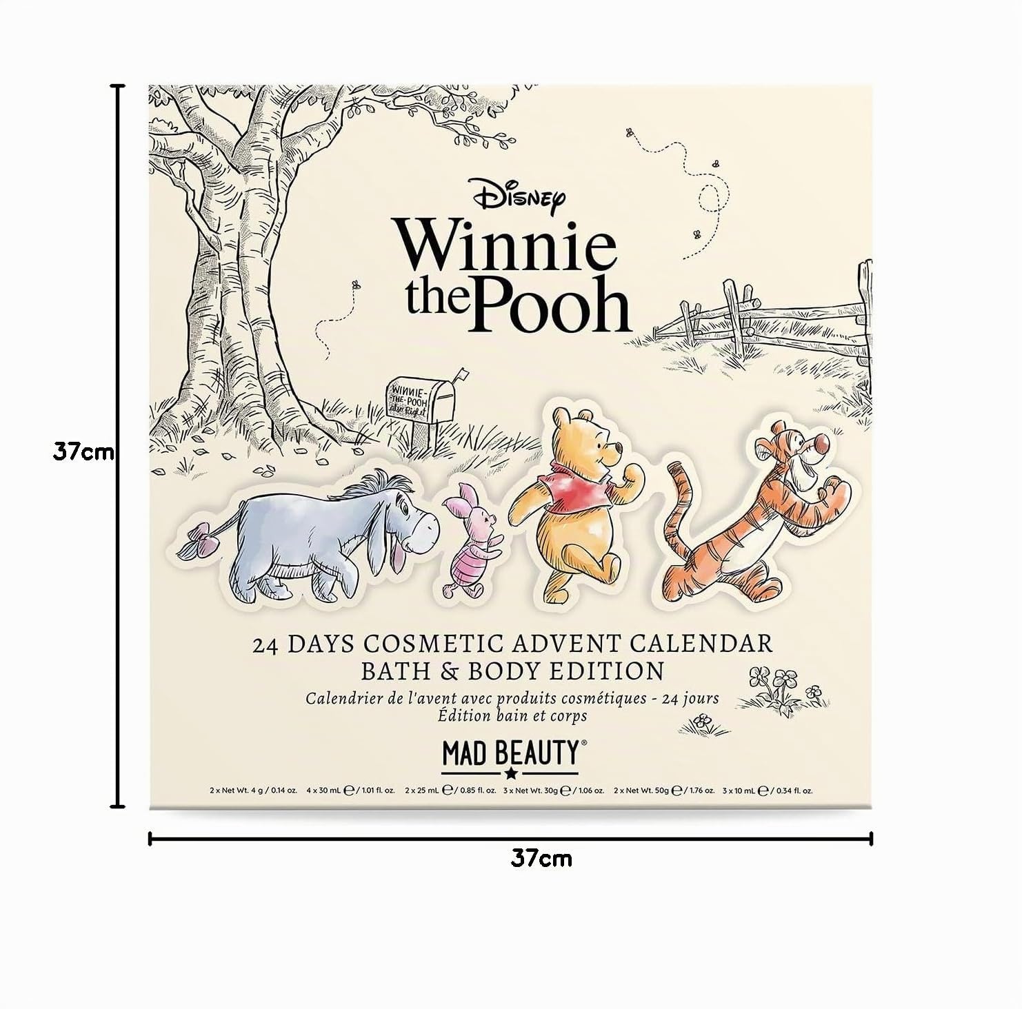 MAD Beauty – Calendario de Adviento Disney WINNIE THE POOH con 24 productos cosméticos, bienestar, mujeres, mascarilla facial, loción corporal, goma para el pelo, lima de uñas, belleza