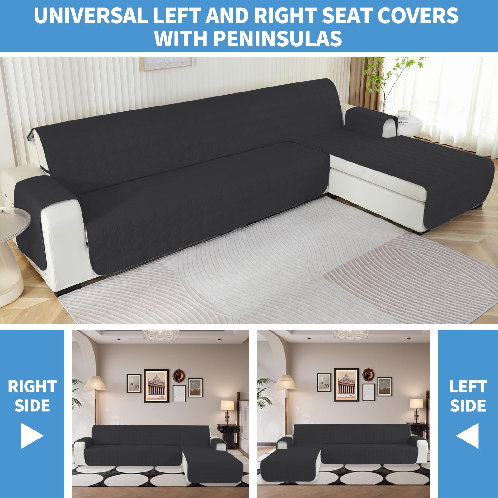 Ystyle Copridivano Impermeabile con Penisola 4 Posti (L 280 CM), Copridivano Angolare Destra/Sinistra Universale Reversibile, Copridivano Chaise longue Antigraffio Antimacchia, Nero