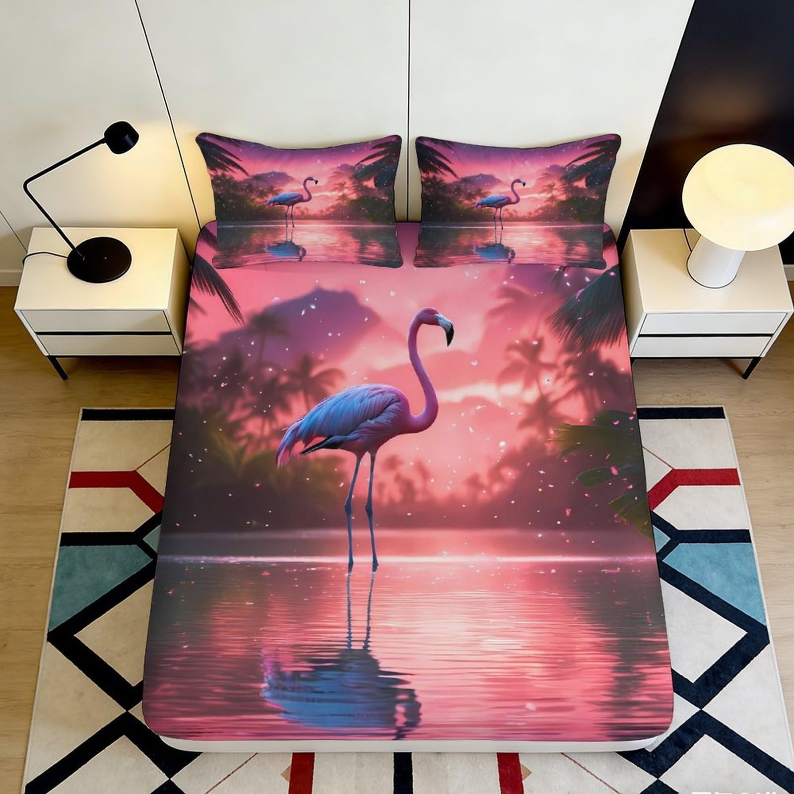 Pnayamiorkfel Style-6 3D Printed Flamingo Sunset Fitted Sheet Microfiber Soft Pink Tropical Lake Bed Cover For Bedroom Dorm Mattress Protection 90X200x25cm