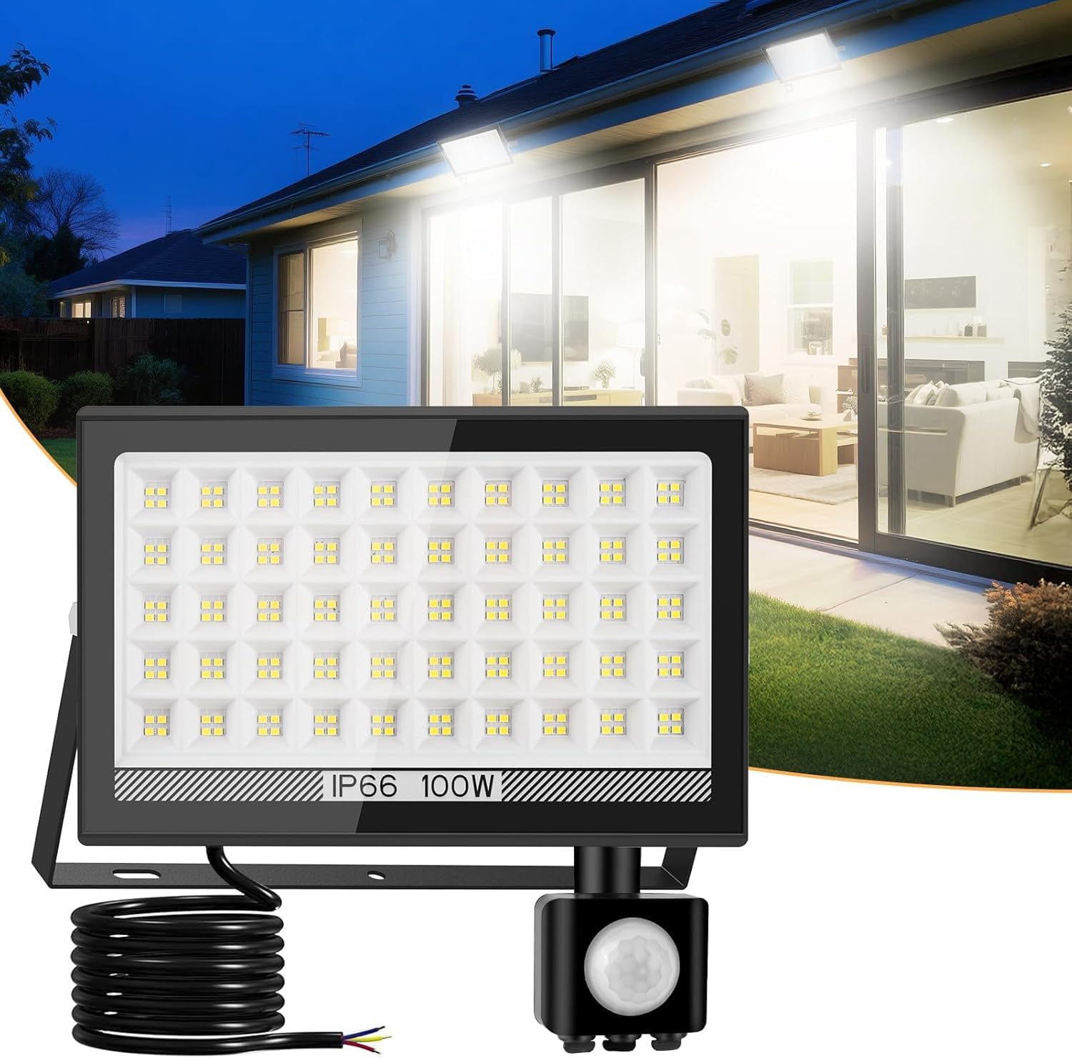 T-SUN Faretto LED da Esterno con Sensore di Movimento 100W, 10000 LM Faro LED Esterno, Impermeabile IP66 6000K Bianco Freddo, Faretti Leds per Interno Alimentazione di Rete per Giardino Patio Garage