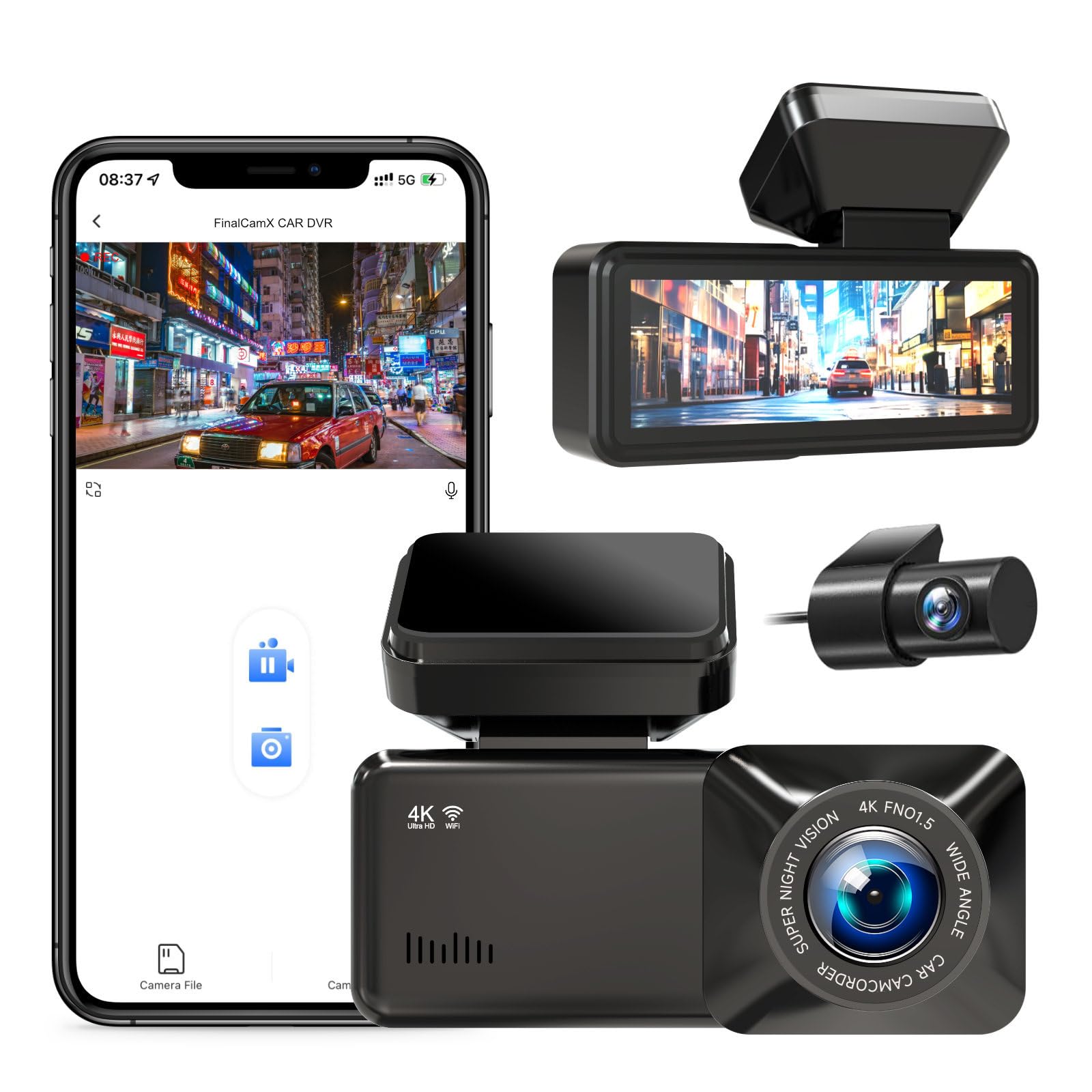 Dashcam per auto, anteriore e posteriore, 4K 2160P + 1080P, WiFi, con