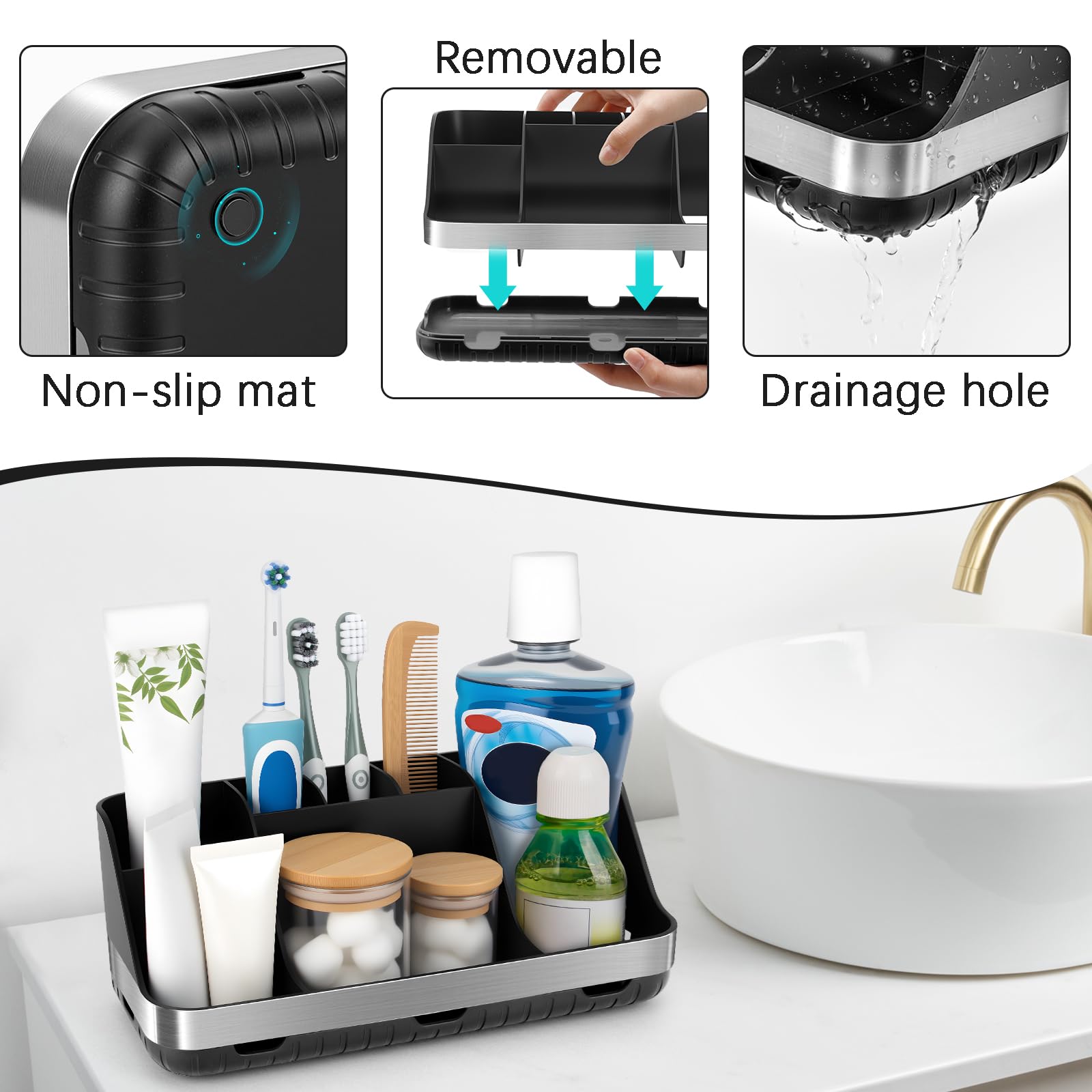 GFWARE Bathroom Organizers and Storage - Detachable 7 Slots Kids Electric Toothbrush and Toothpaste Holde Drainage for Bathroom Accessories Organization Counter Vanity Storage: Black