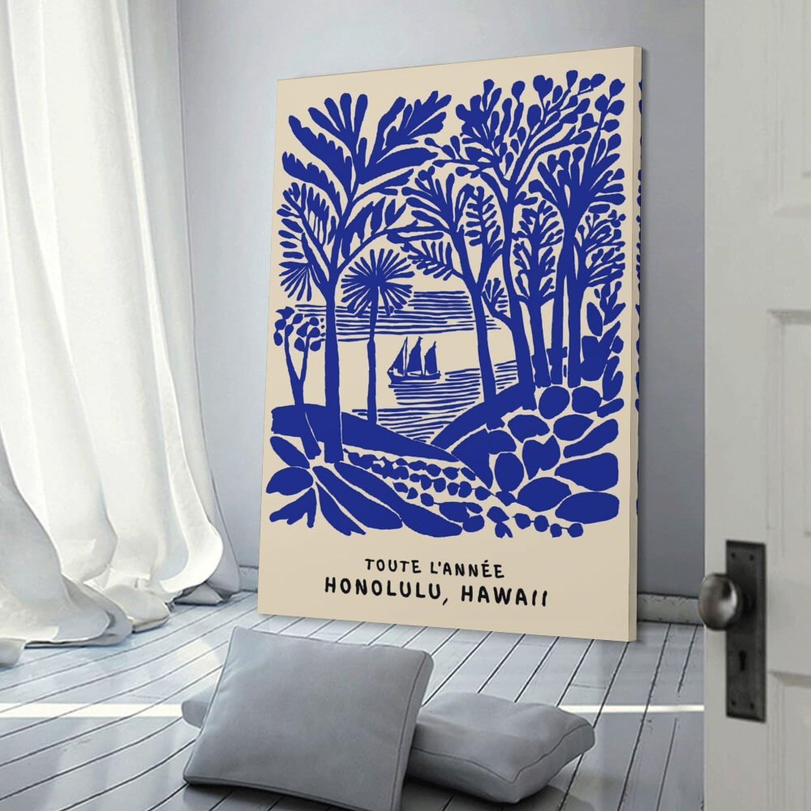 Junmoney Decorative Canvas Print Blue Tropical Landscape with Sailboat, 16x24inch(40x60cm), for Office, Study Or Home Workspace, Decorative Artwork for Productive Spaces