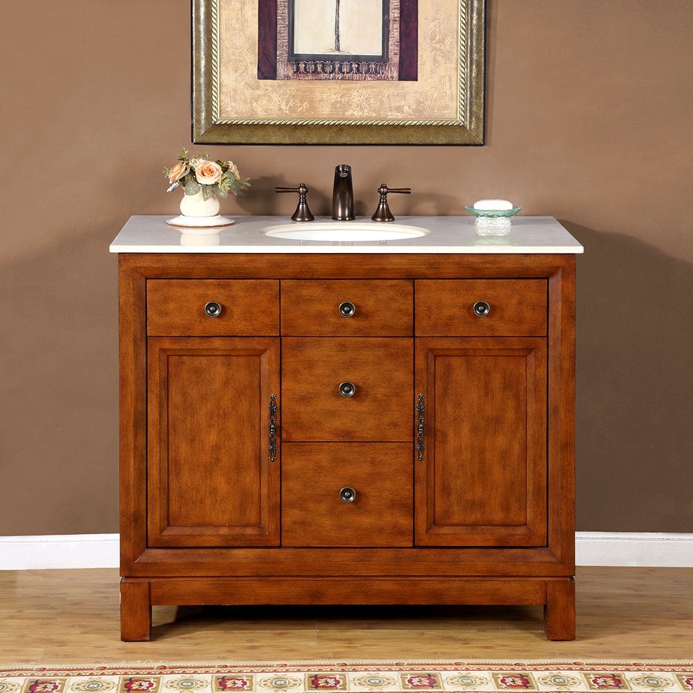 Silkroad Exclusive HYP-0911-CM-UWC-42 Countertop Cream Marble Stone Single Sink Bathroom Vanity with Bath Cabinet, 42", Medium Wood