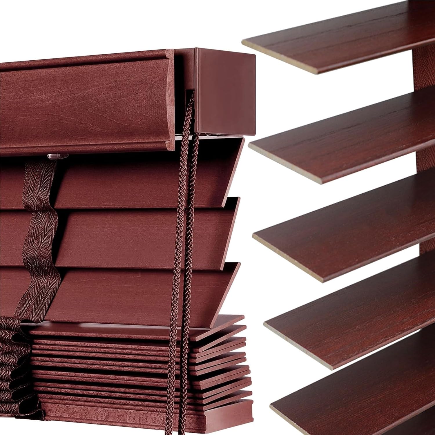 20" 35" 40" 49" 55" 62" 77" 80" 100" Solid Wooden Blind, Blackout Venetian Blinds for Indoor Windows Custom Faux Wood Horizontal Shade for Bedroom, Living Room,Office(Red)