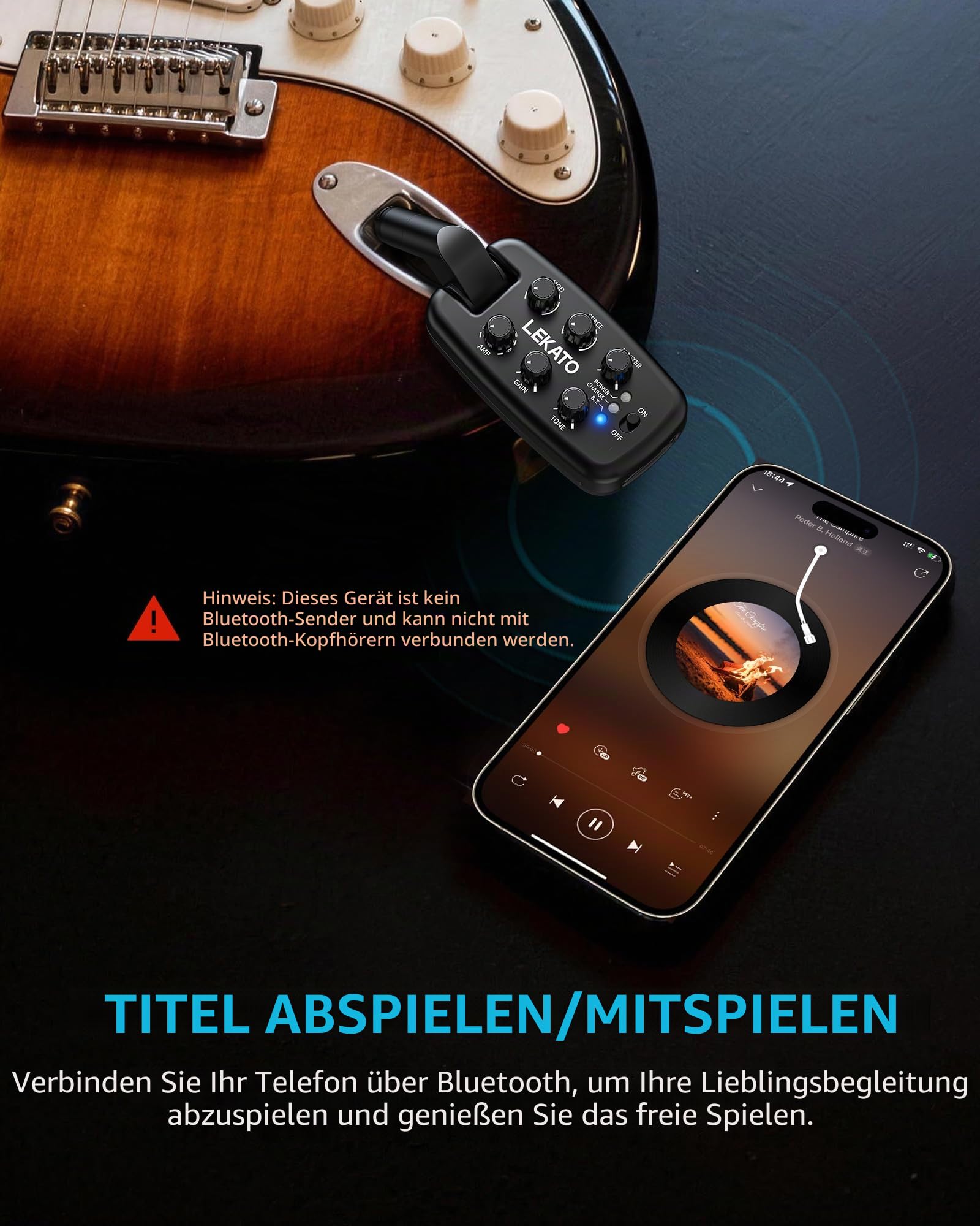 LEKATO Gitarren-Kopfhörerverstärker, Tragbarer Plug-in-Übungsverstärker für E-Gitarre/Bass, 9 Amp-Modelle/6 Effekte, Bluetooth, 180° Stecker, OTG-Funktion, Anfänger wiederaufladbarer Taschenverstärker