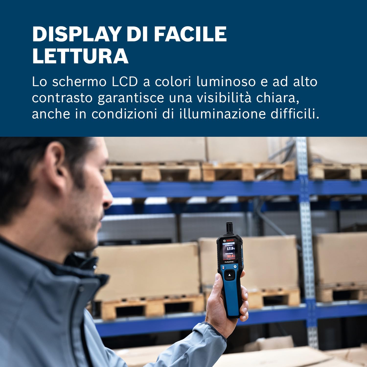 Bosch Professional Termoigrometro GDH 1-17 (letture in tempo reale, display LCD a colori ad alto contrasto, protezione IP65, carcassa in gomma, 2 batterie AA, custodia)