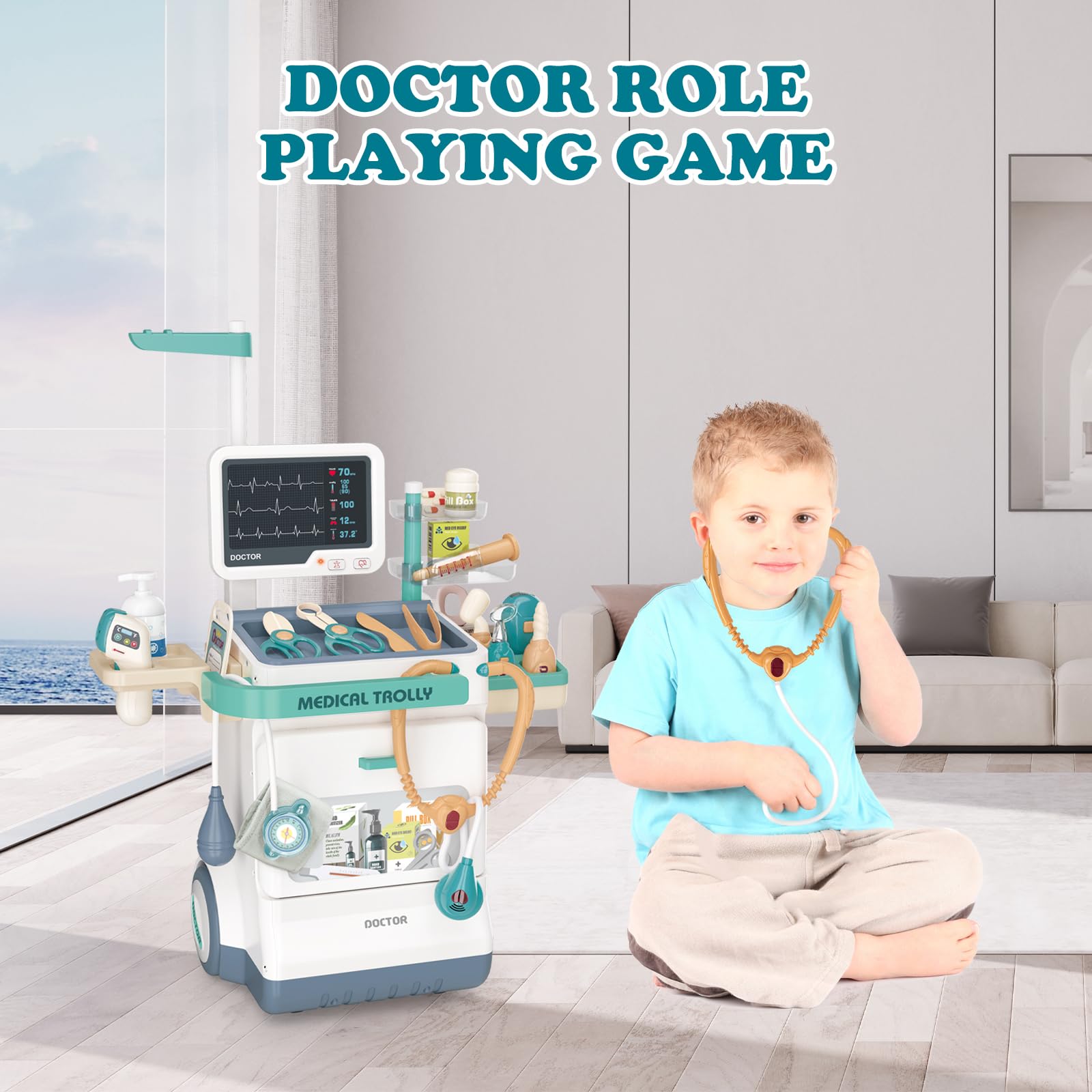 RedCrab Jouet Set Docteur Enfant, Chariot Médical Jeu Prétendant avec 26 Accessoires: Stéthoscope et Équipement Médical, Jeu de Rôle Éducatif Cadeau Jouet pour Enfant 3 Ans + Garçons Filles