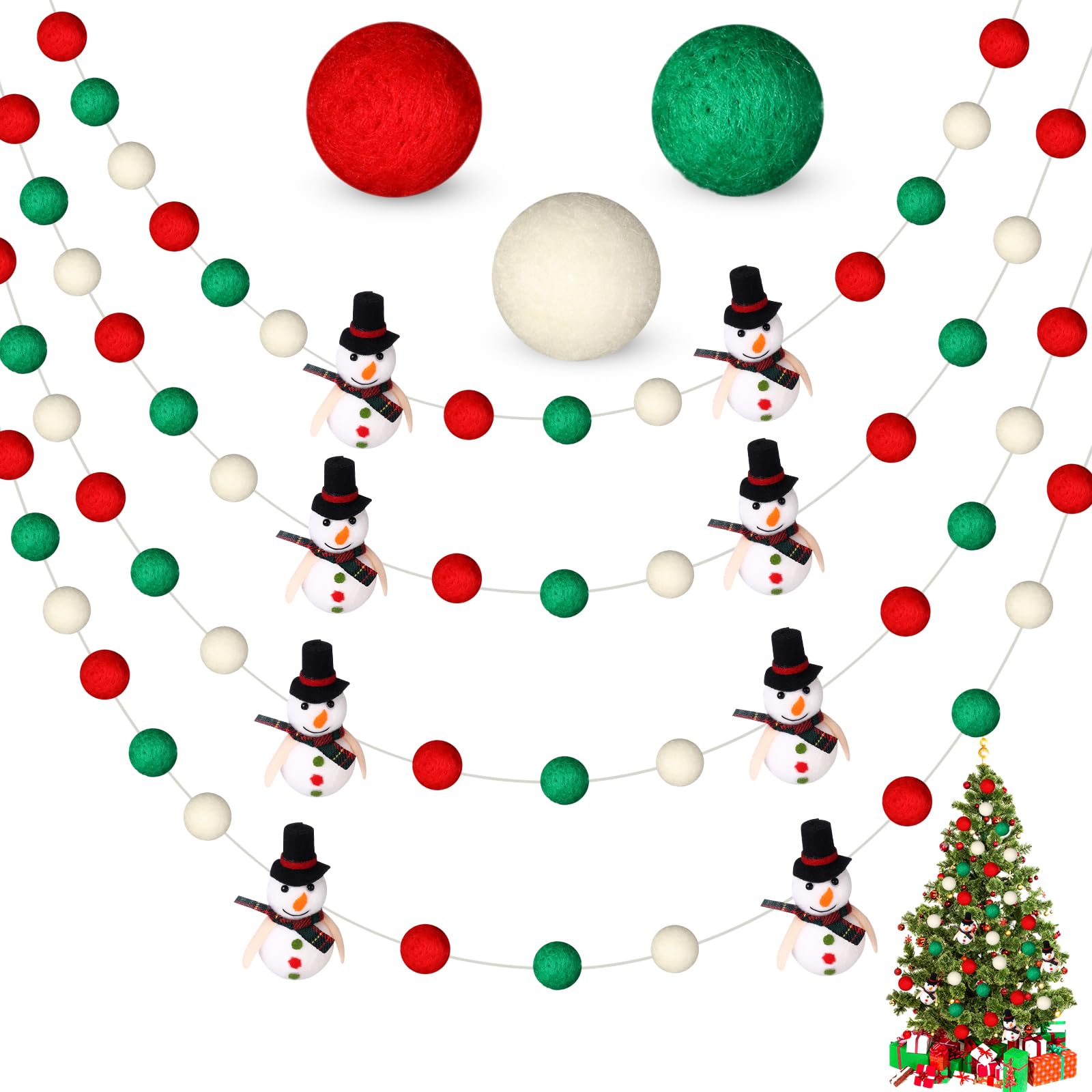 Hosuly Guirnalda de pompones de Navidad de 2,5 m, guirnalda de bolas de fieltro, color rojo, blanco y verde, muñeco de nieve, decoración de pompones colgantes para árbol de Navidad, hogar, chimenea,