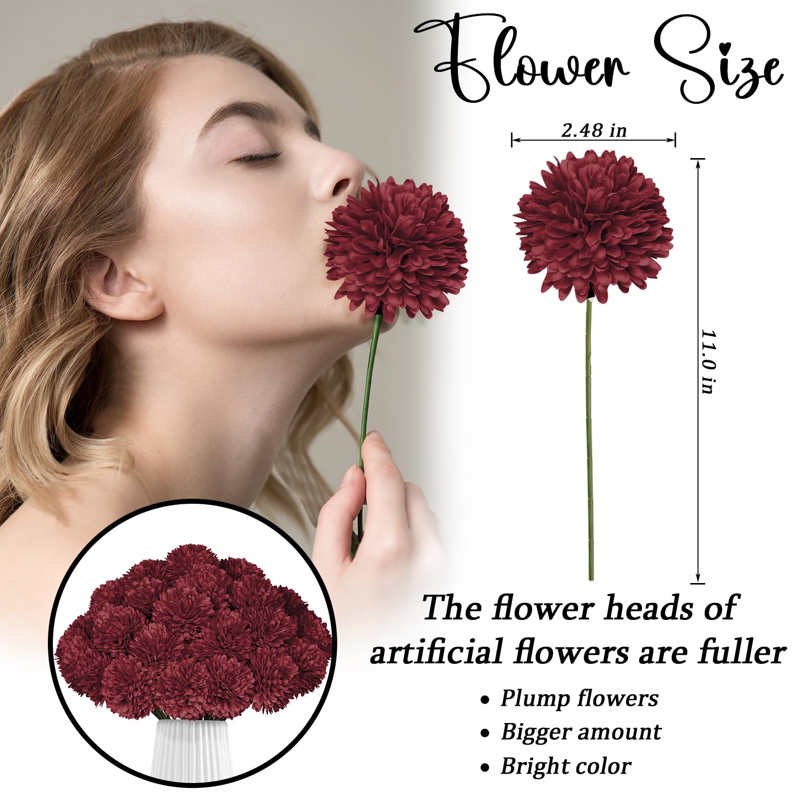 Künstliche Chrysanthemen in Burgunderrot, 36 Stück, künstliche Mütter, Seidenkugeln, Blumen für Herbst, Heimdekoration, Hochzeit, Tischdekoration, Weihnachtsblumenarrangements (Burgunderrot)