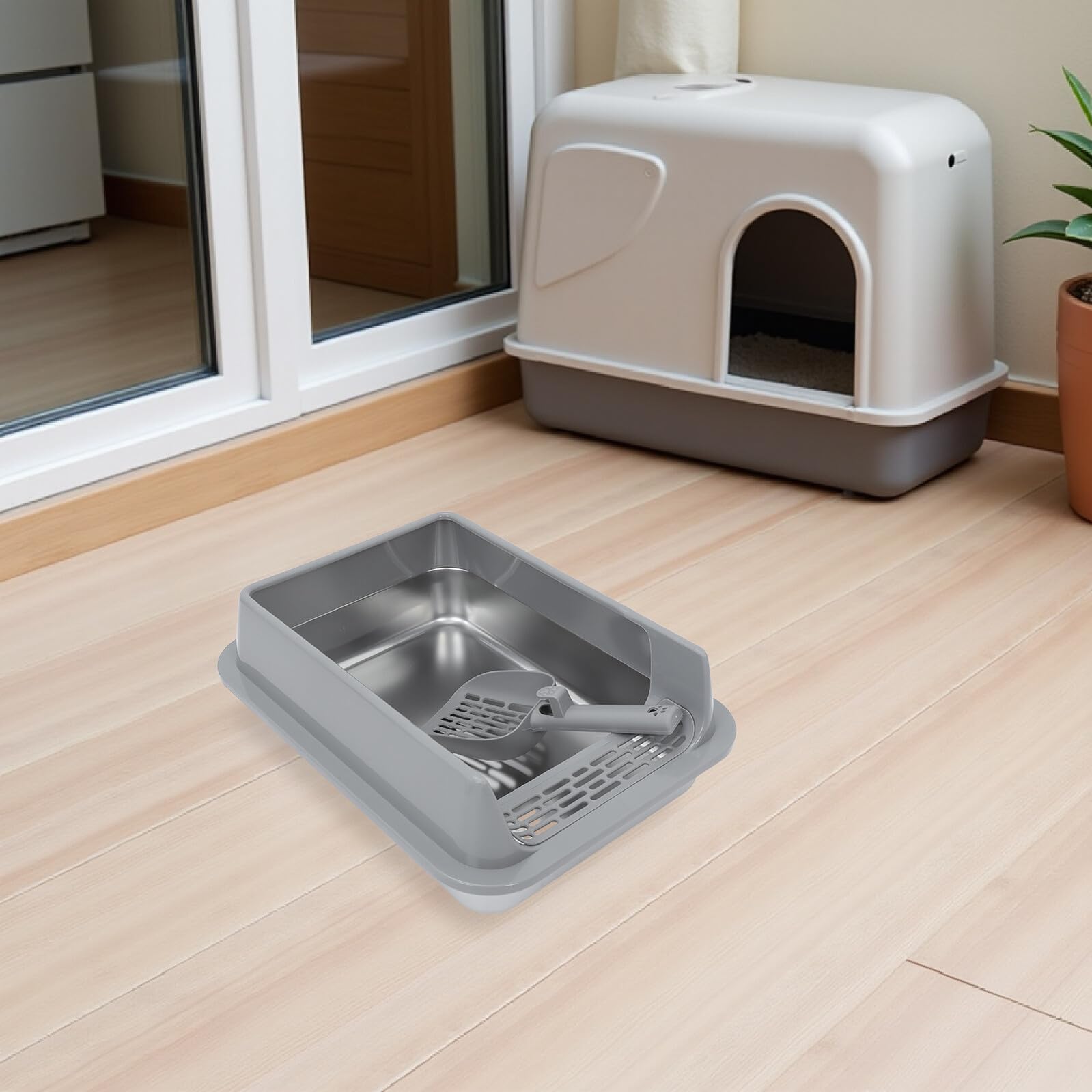 DOITOOL Bandeja de Arena para Gatos de Acero Inoxidable Mediana con Tapa Metálica Gris Caja Cerrada Antiadherente para Uso Doméstico Interior y Exterior Accesorios Gatos Caja de Arena