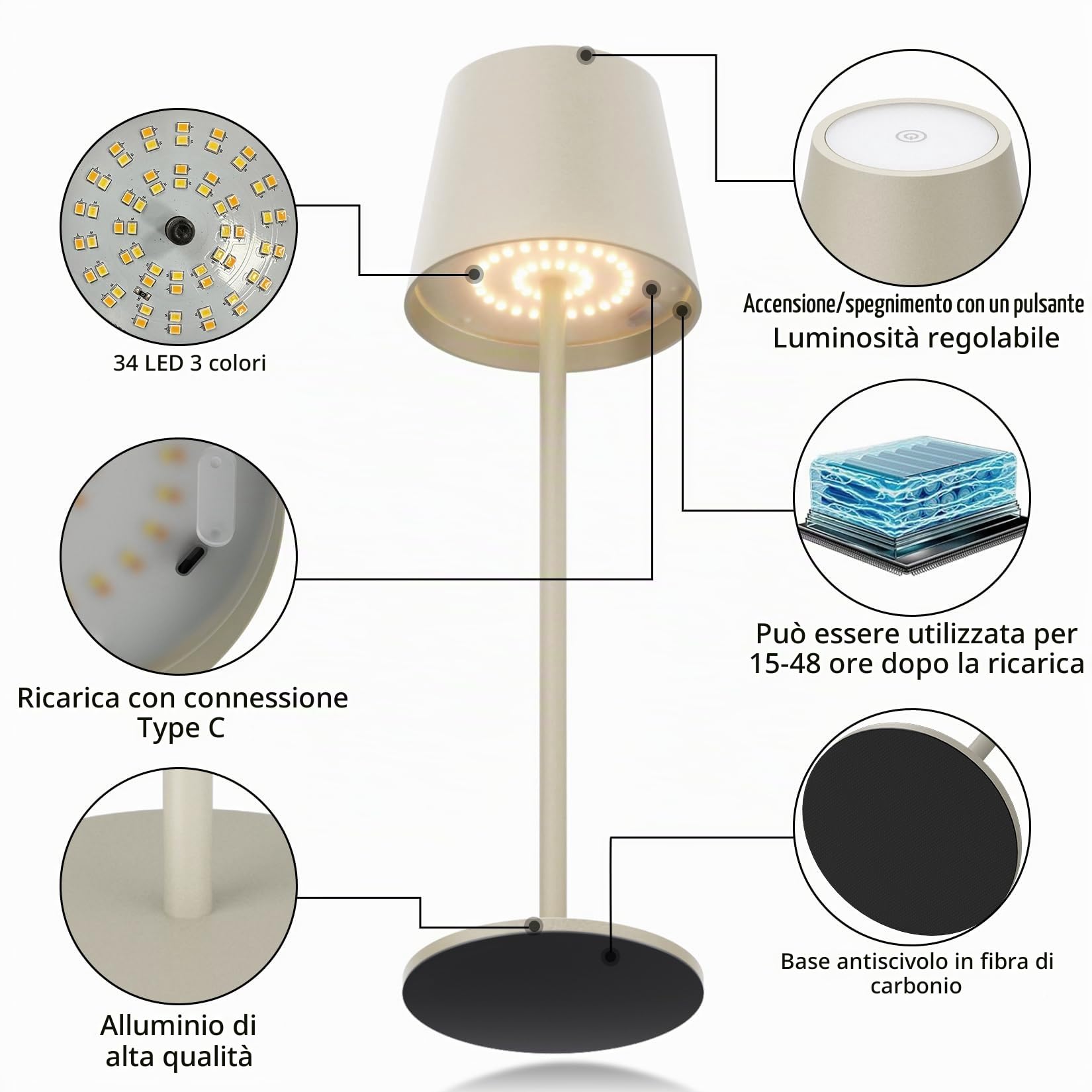 Aipsun 2 pezzi lampada da tavolo ricaricabile a led dimmerabile beige | 6000mAh,36.5CM,ricaricabile in alluminio bianco caldo (2700k-6000k) IP54 per camera da letto, bar, campeggio
