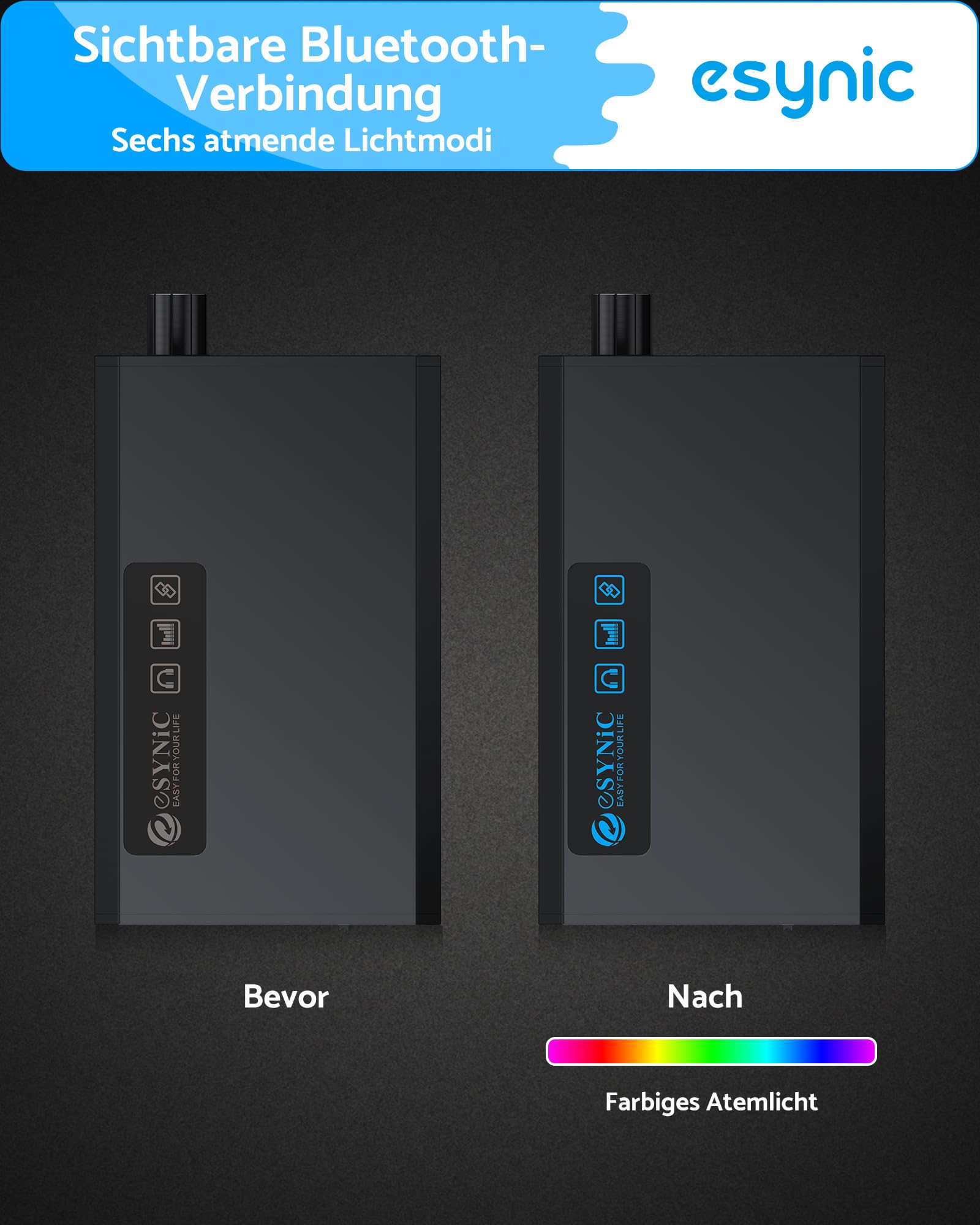 eSynic Tragbarer Kopfhörerverstärker mit Bluetooth 5.1 Empfänger Zwei-Phasen Gain-Schalter, HiFi 3.5mm AUX-Eingang 16-300Ωfür MP3, MP4-Player, Mobiltelefone, Computer, CD-Player usw.