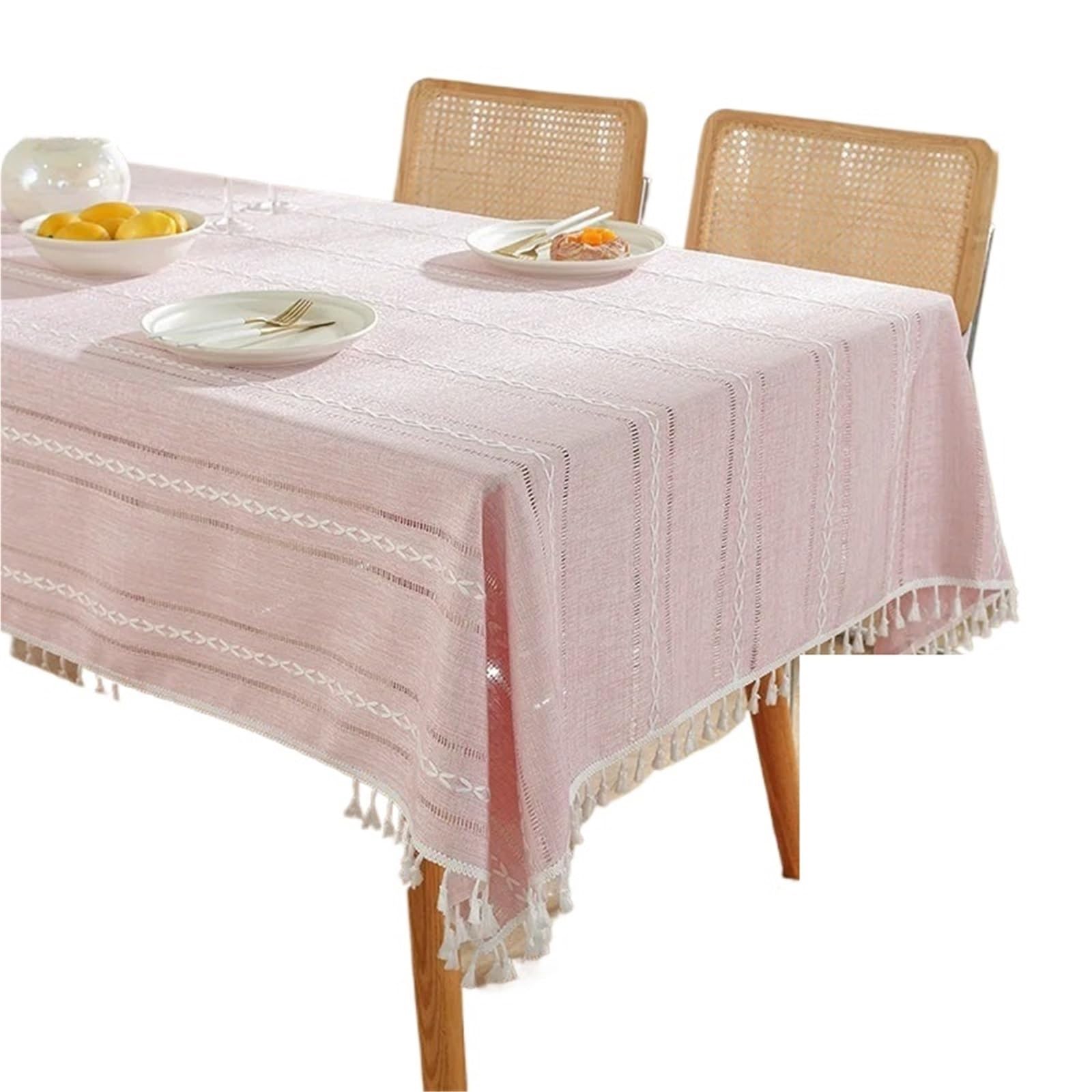 FonHNDG Striped Tablecloth Rustic Embroidery Table Cloth, Cotton Linen Stripe Tassel Tablecloth Antifouling Dust Proof Cover For Kitchen Dining Decor(Pink,90x140cm)
