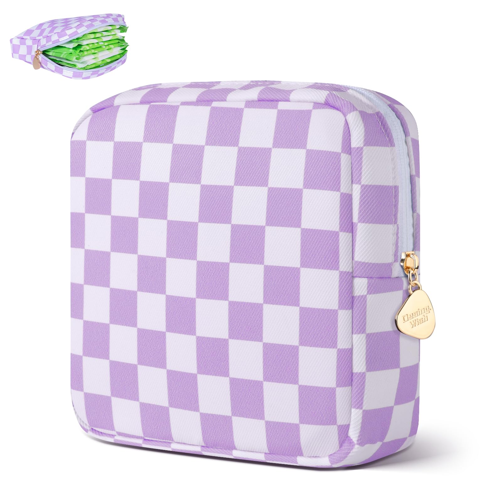 Period Bag Pouch Soft Cloth Sanitary Napkin Storage Bag Portable Menstrual Pad Pouches Tampon Holder for Purse First Period Kit for Girls 9-12 (Purple-White Check)