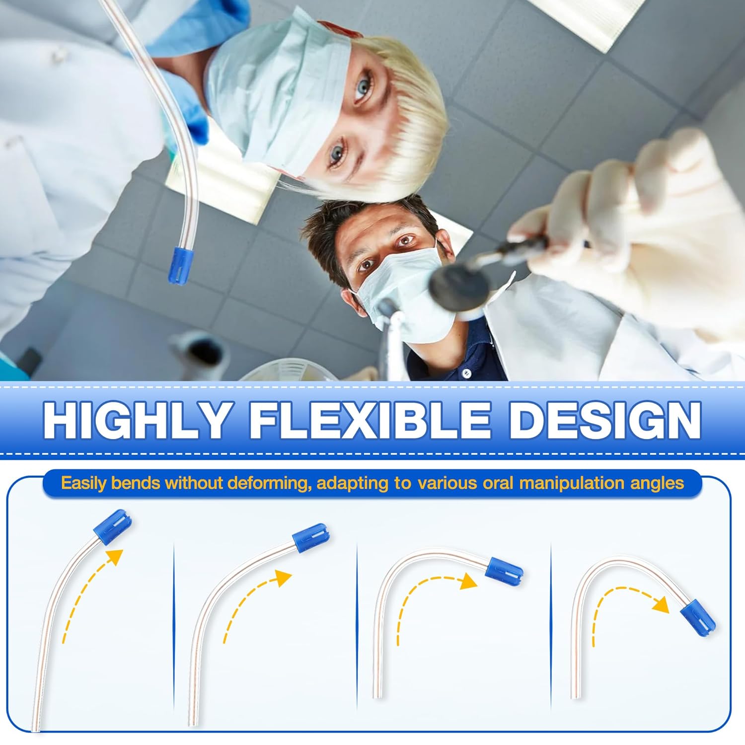 Geiserailie 200PCS Dental Saliva Ejectors Disposable, Dental Evacuation Suction Tips, Saliva Aspirator Tube, Flexible Clear Tube with Blue Tip, Material Safety, for Dentists Medical Students