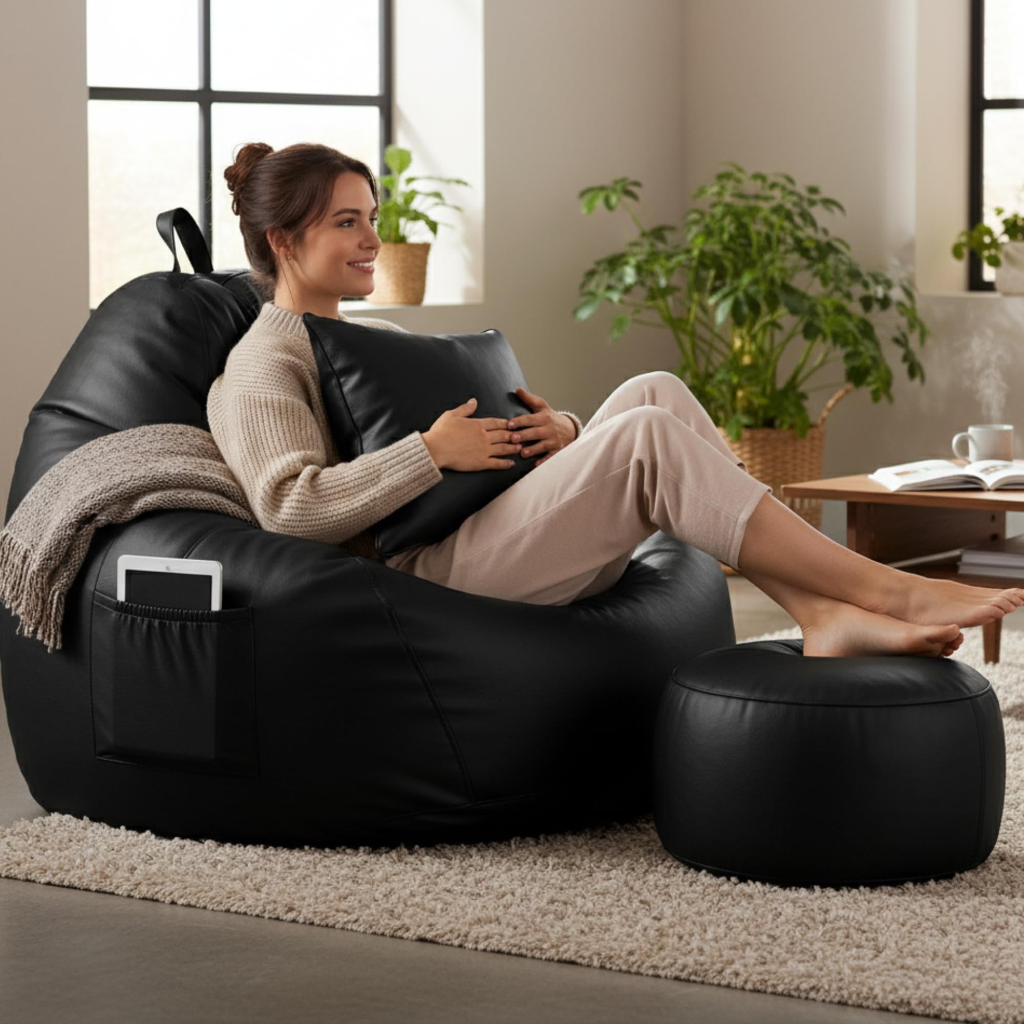 Filled with Beans Bean Bag Chair | Luxury Leatherette Bean Bag Chair for Adults, Kids | Comfortable, Durable, Stylish for Living Room, Bedroom, Gaming Color- (Black, Bean Bag Single)-image-18