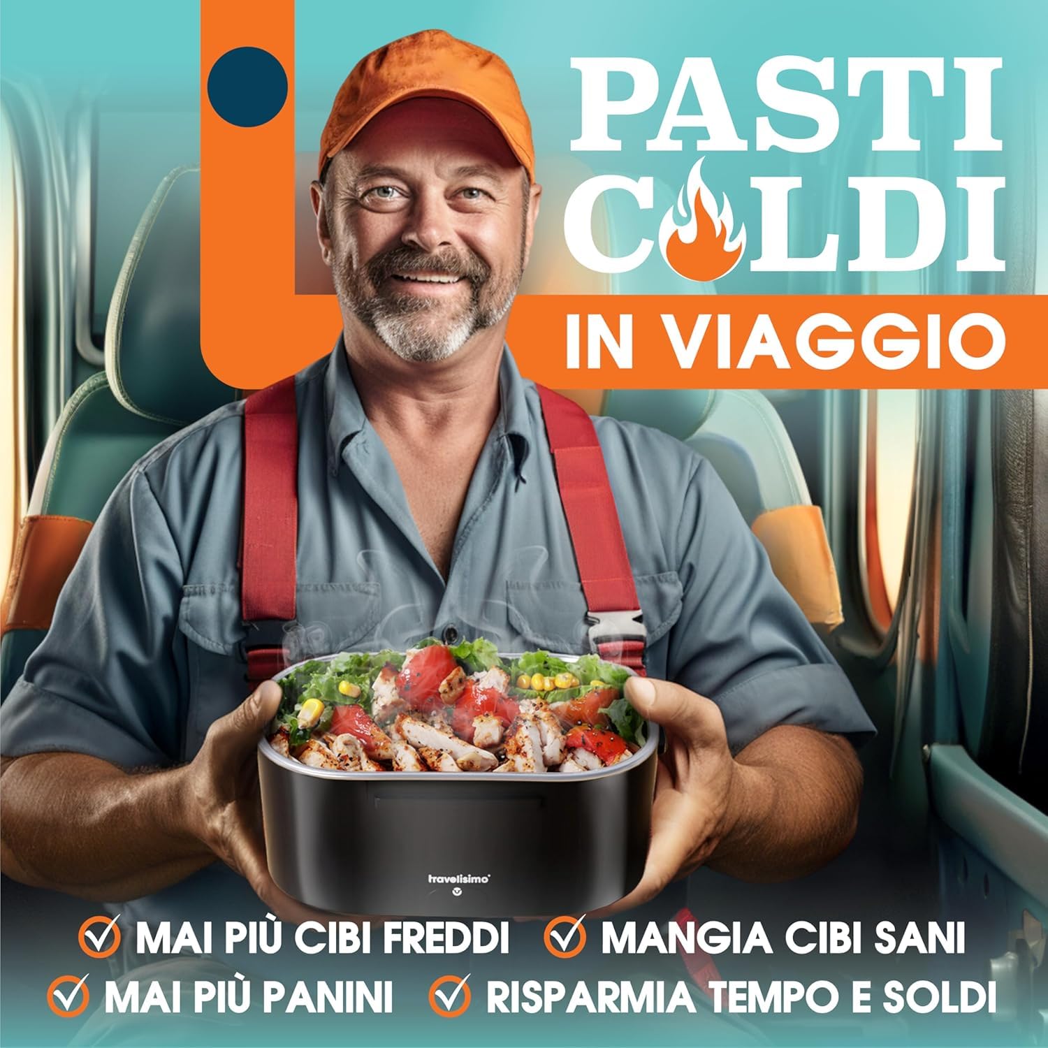 TRAVELISIMO Scaldavivande Elettrico Portatile 100W 1,5L Porta Pranzo Termico 220V/12V/24V Schiscetta Pranzo Riscaldabile per Viaggio e Lavoro Portavivande Termico & Porta Pranzo Riscaldabile