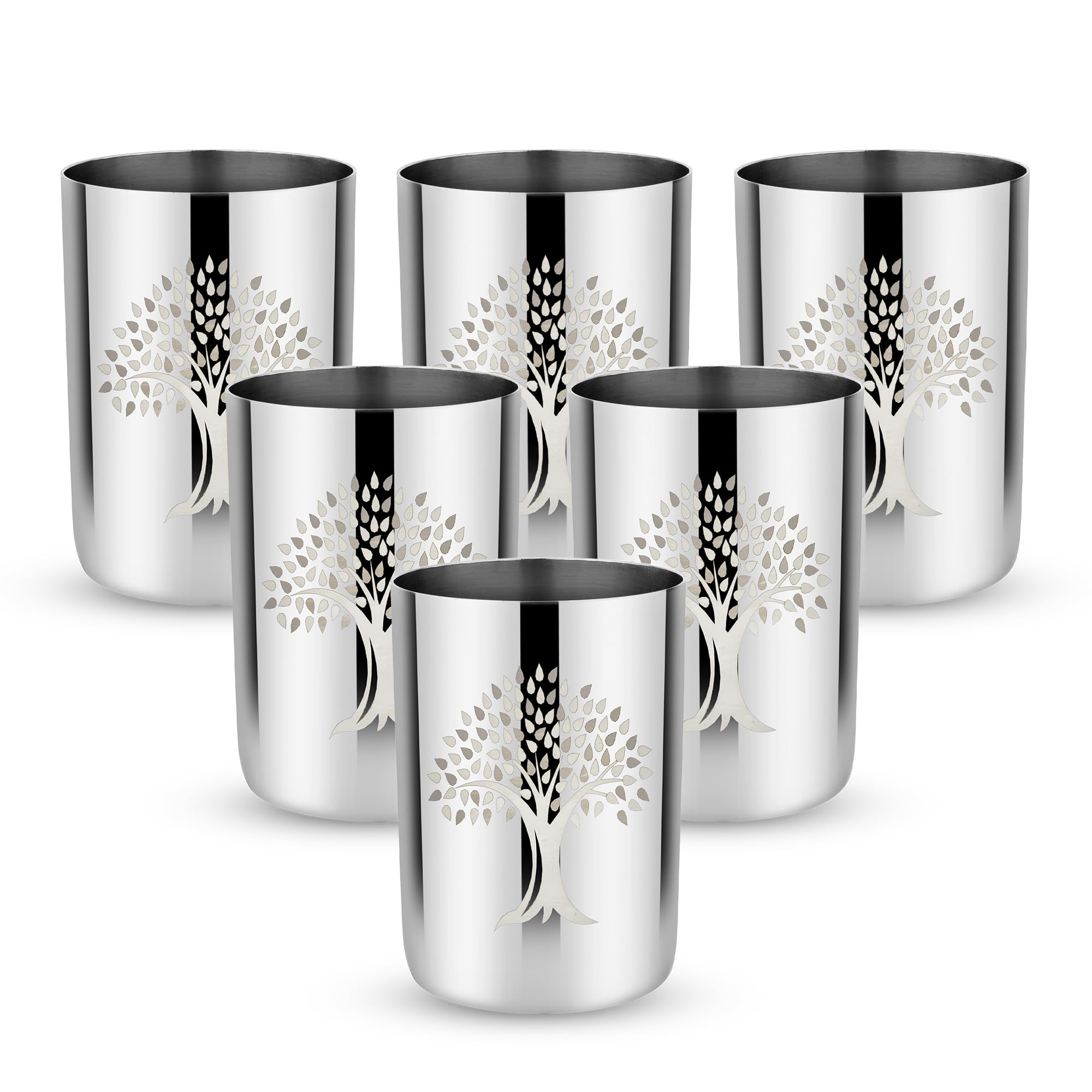 KITCHEN CLUE Heavy Guage Stainless Steel Tree Printed Designer Tumbler Set of 6 Pcs - Drinking Water Juice Glass for Home Kitchen I Glossy Finish I Compact Size I Stackable I Eay to Store