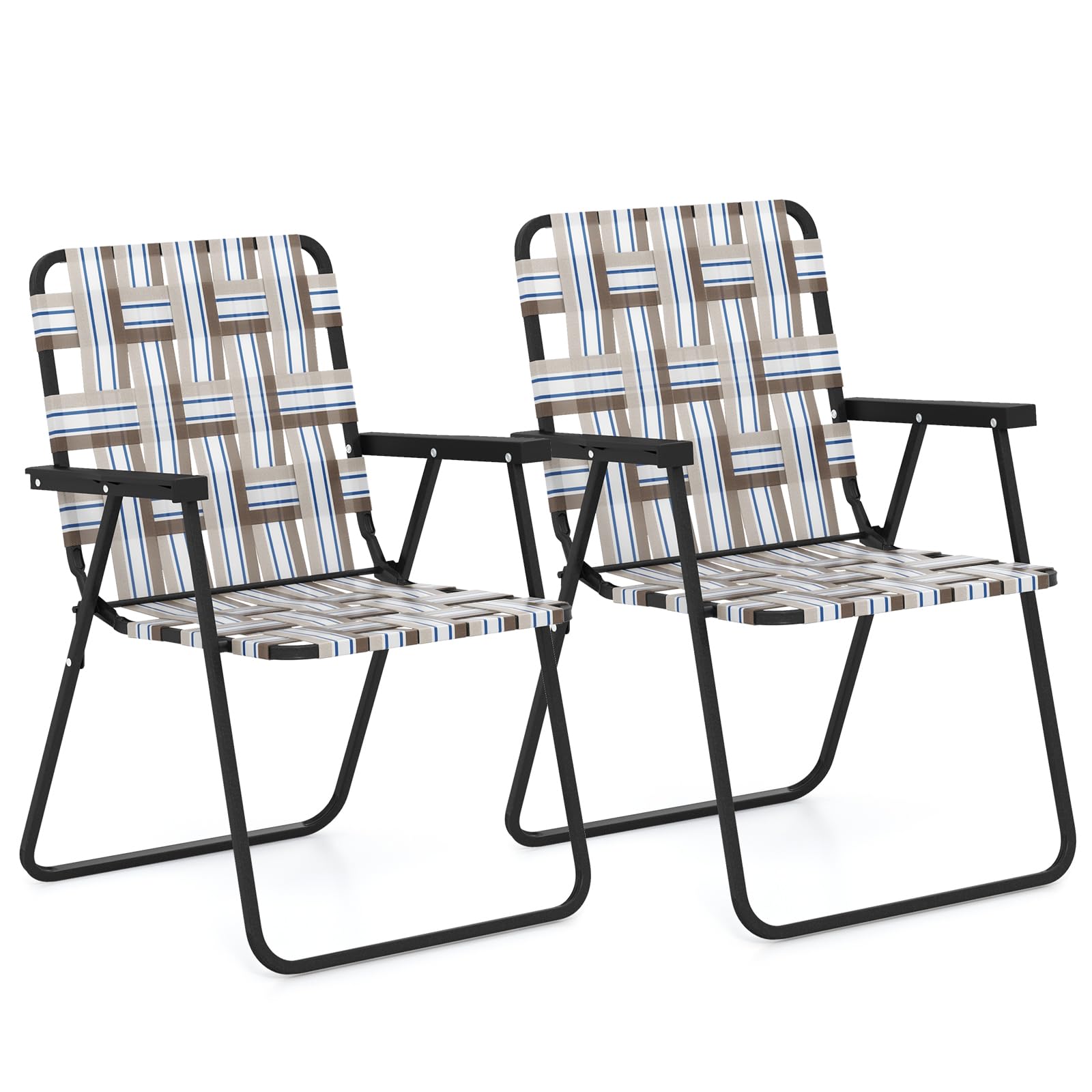 GYMAX Folding Chair, Patio Lawn Chair Set with Armrest, Indoor/Outdoor 2 Pack Webbed Lightweight Dinning Chair, Portable Beach Chair for Outside,