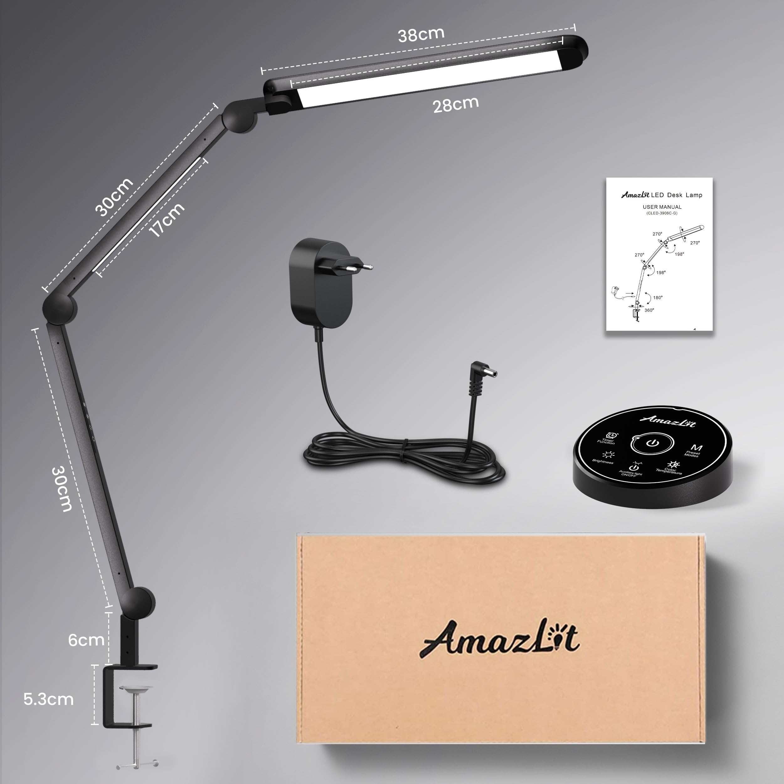 AmazLit Lampada da scrivania, lampada da scrivania a LED, dimmerabile, doppia sorgente luminosa, braccio girevole, temperatura di colore regolabile, 16 W, lampada da tavolo per l'ufficio, telecomando