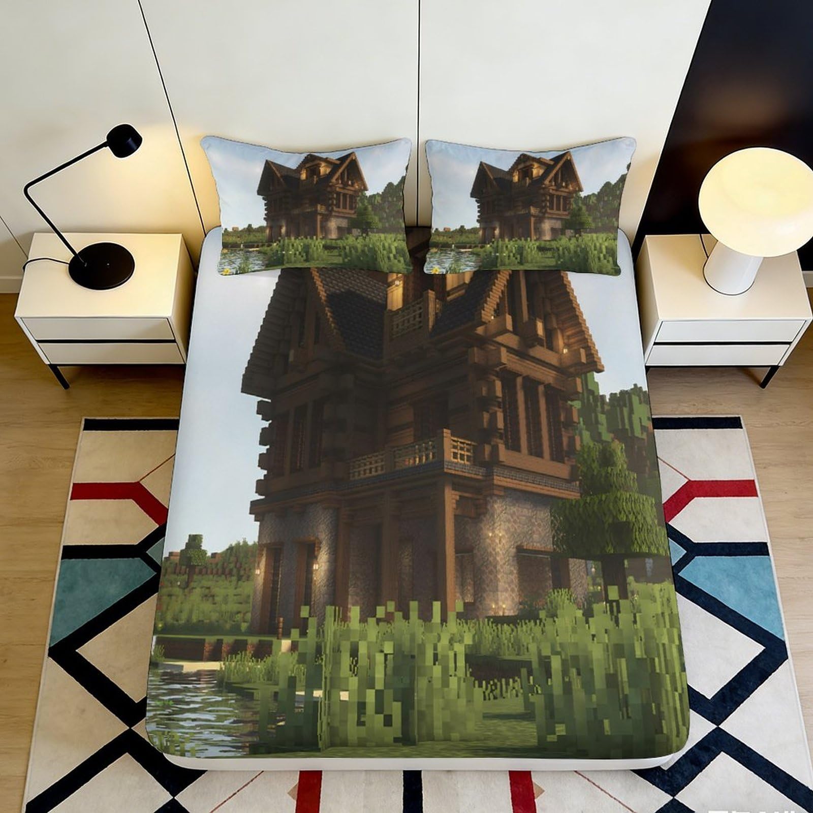 3D Printed Wooden Cottage Fitted Sheet Microfiber Soft Anti-Slip Lake View Bed Cover Bedroom Decor 90x200x25cm