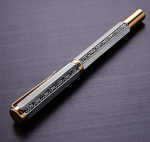 Miniatura 2 de Xezo Legionnaire - Pluma estilográfica de punta media chapada en platino estilo Art Nouveau corte de diamante y finamente grabado a mano plata oro