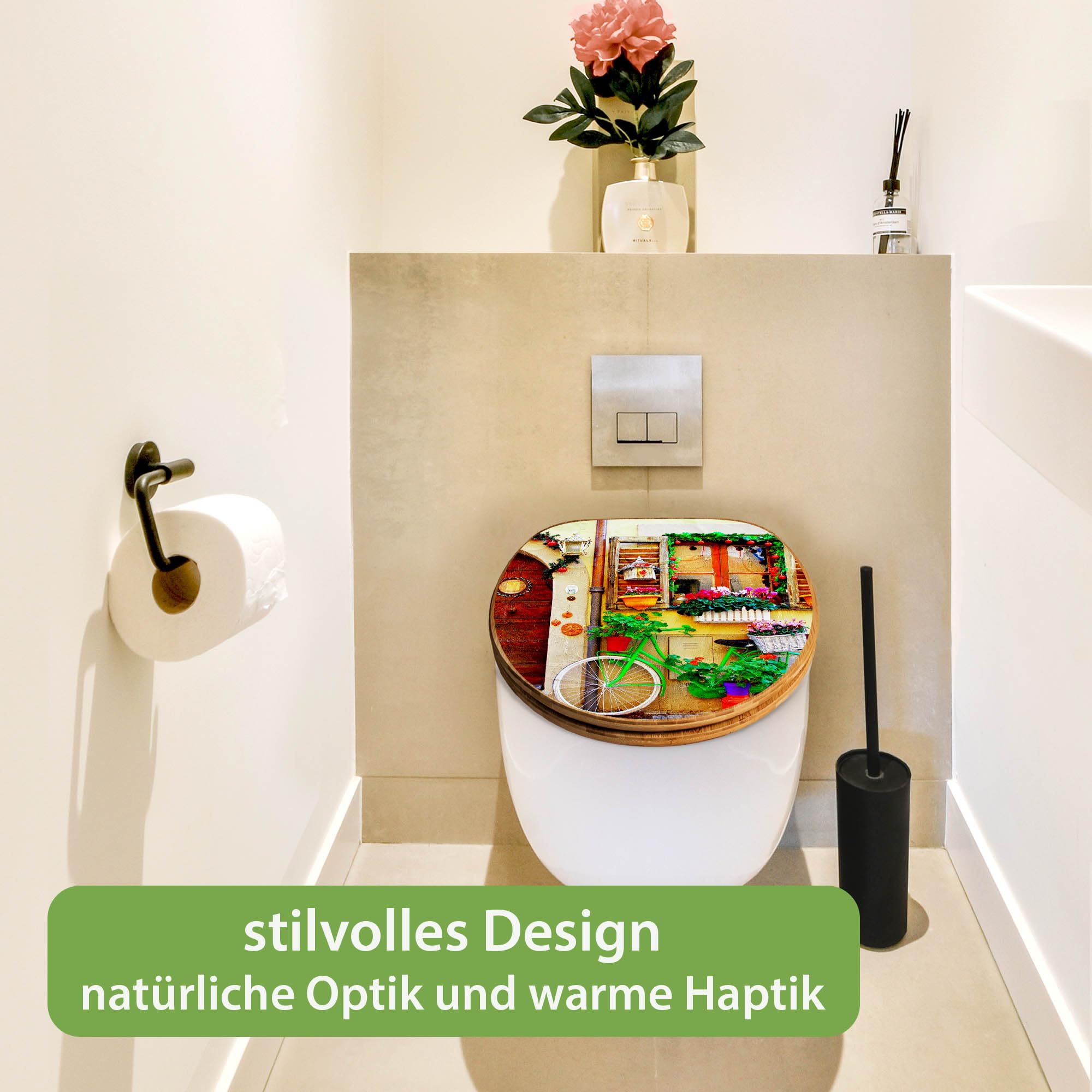 banjado Design WC Sitz Bambus Absenkautomatik 45,8x37,5cm - Toilettendeckel mit Absenkautomatik Holz - hochwertiger Bambus Klodeckel - WC-Sitz für gängigen Toiletten - Motiv Grünes Fahrrad