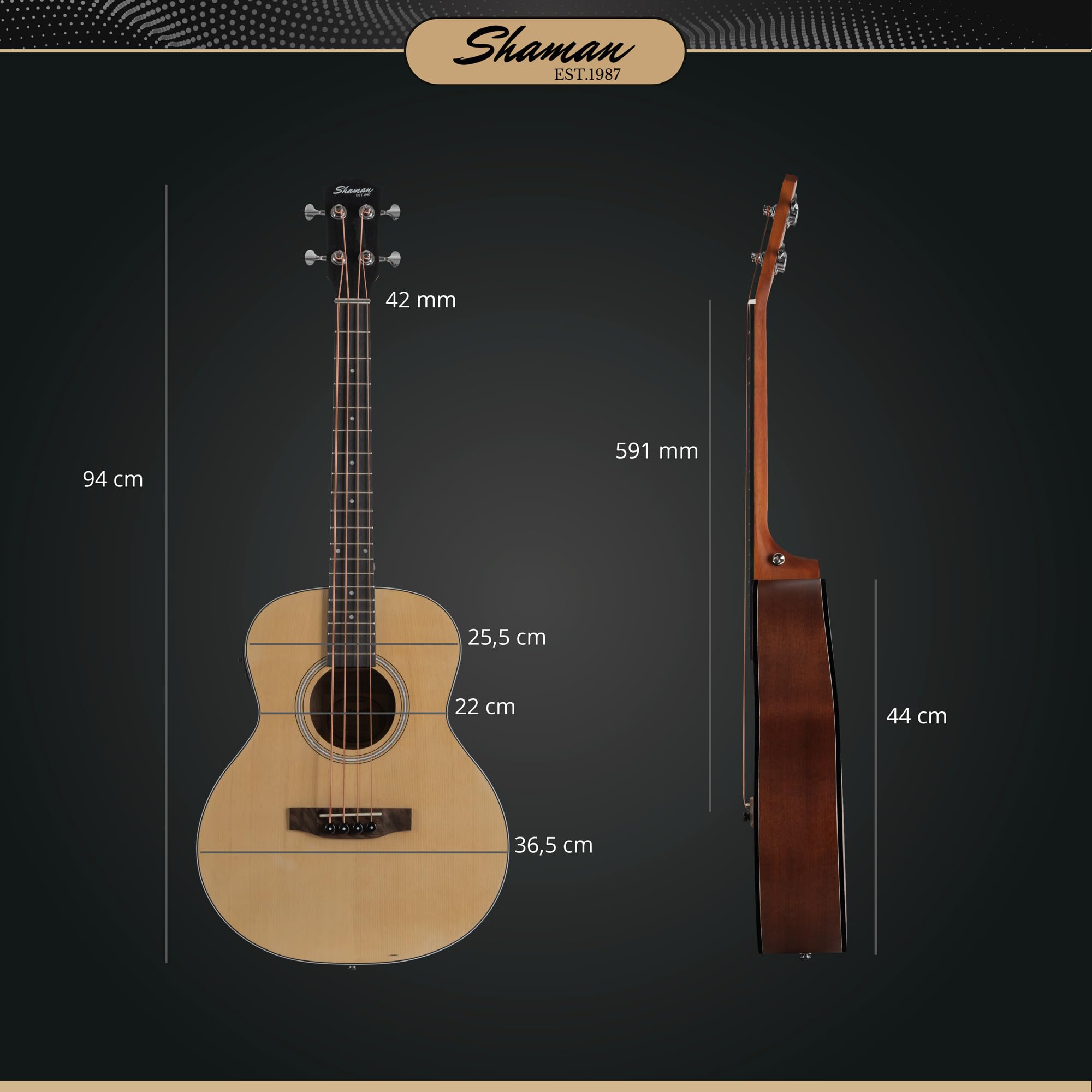 Shaman ABM4-50E-NT Akustik Bass 4-Saiter - kompakter Short-Scale Bass mit eingebautem Tonabnehmer, Piezo-Elektronik & Stimmgerät, Mahagoni & Fichte Korpus, ideal für Bühne & Zuhause - Natur