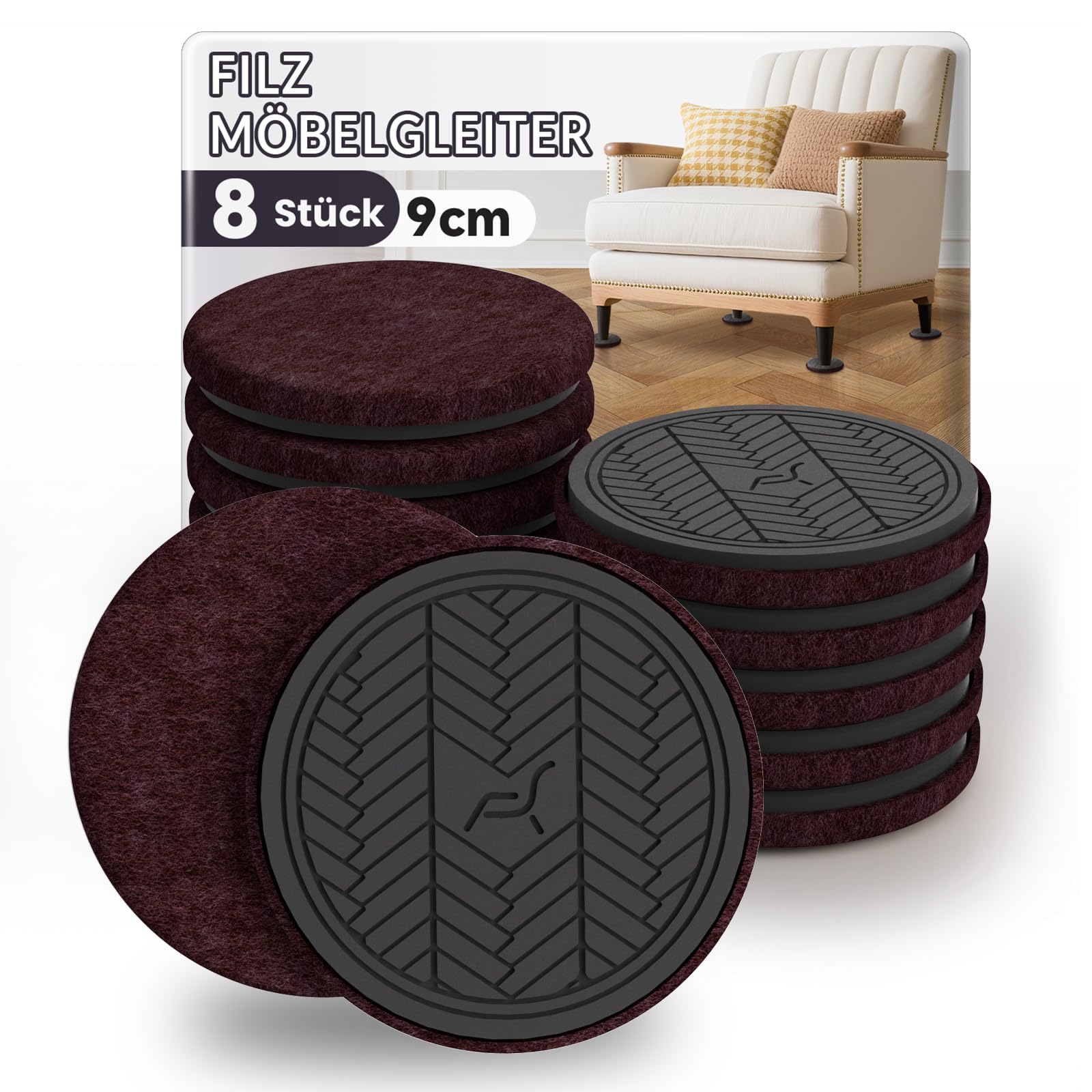 PISAO Möbelgleiter für Schwere Möbel Filz, Lila 8 Stück -9cm Extra Dickes Design- Filzpads für Möbel, Möbel einfach bewegen, Schützen Sie Ihre Holzfußböden