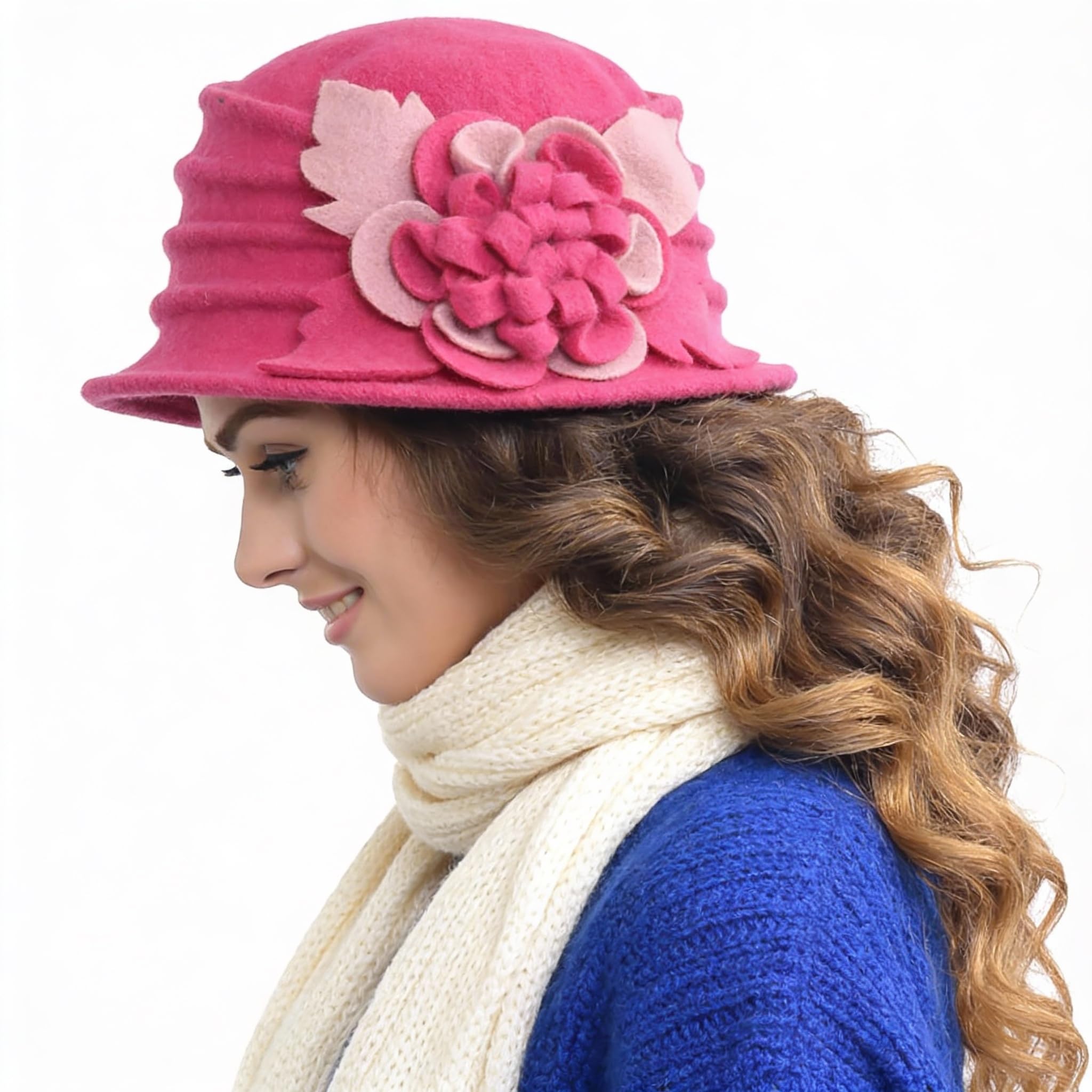 Vintage Women Floral Wool Dress Cloche Winter Hat 1920s