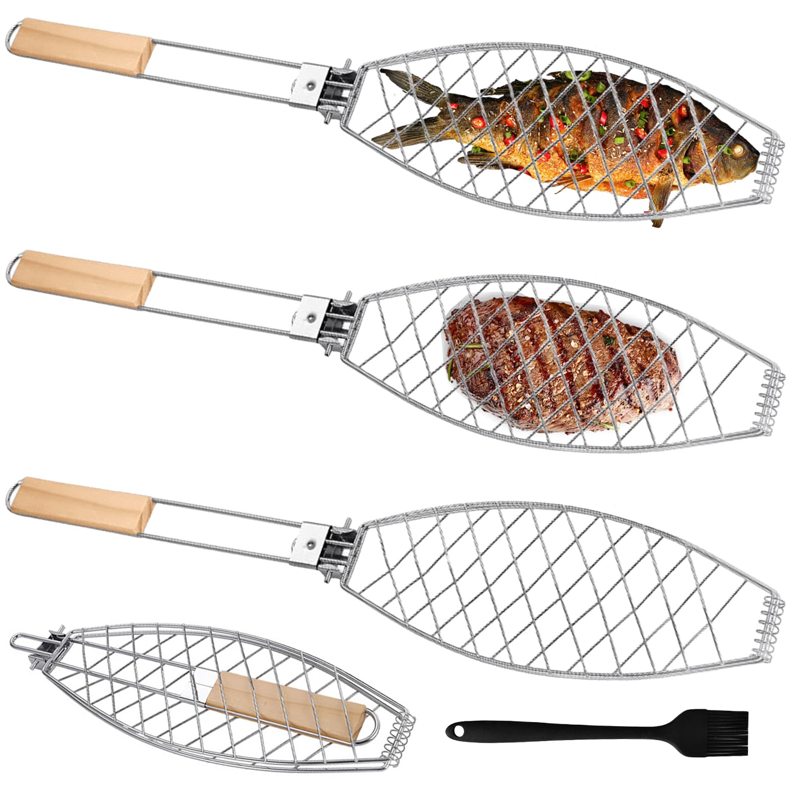 GOMETY Juego de 3 asadores de pescado, 63 x 12 cm, soporte para barbacoa de pescado con mango de madera, soporte plegable para pescado con cepillo de silicona de 21 cm, parrilla de pescado, pinzas