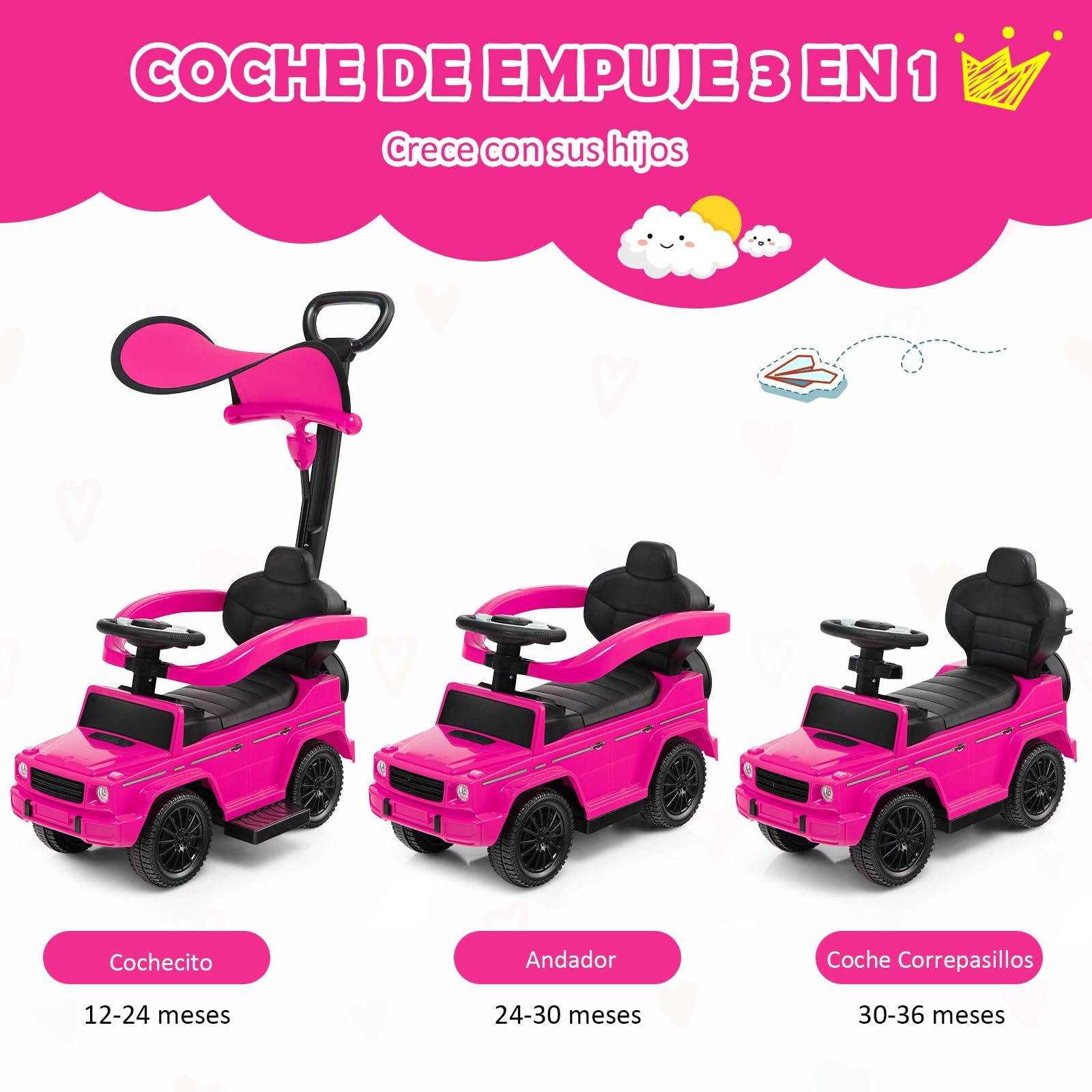 COSTWAY 3 en 1 Coche Correpasillos para Niños, Coche de Paseo Infantil Mercedes Benz con Toldo Ajustable, Manija para Padres, Barandilla para Apoyabrazos, Sonido del Motor y Bocina (Rosa)