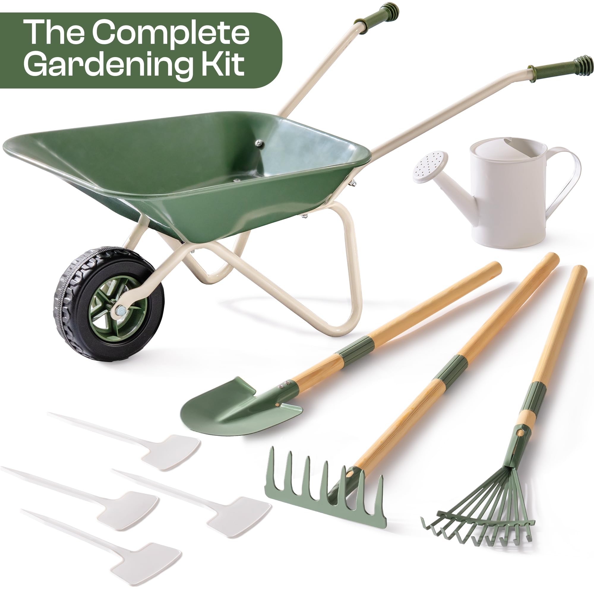 ROBUD Kinder Schubkarre Metall mit Gartenwerkzeug Set, Gartengeräte Spielzeug für Mädchen Jungen ab 3 Jahren, Grün
