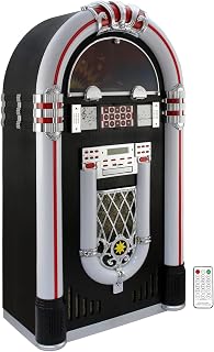 Vinyl Jukebox Record Player Retro Vintage Stereo Entertainment Centre 7 Colour Changing LED Lights Remote Floor Standing Portable Wheels FM Radio Bluetooth AUX MP3 USB CD AUX