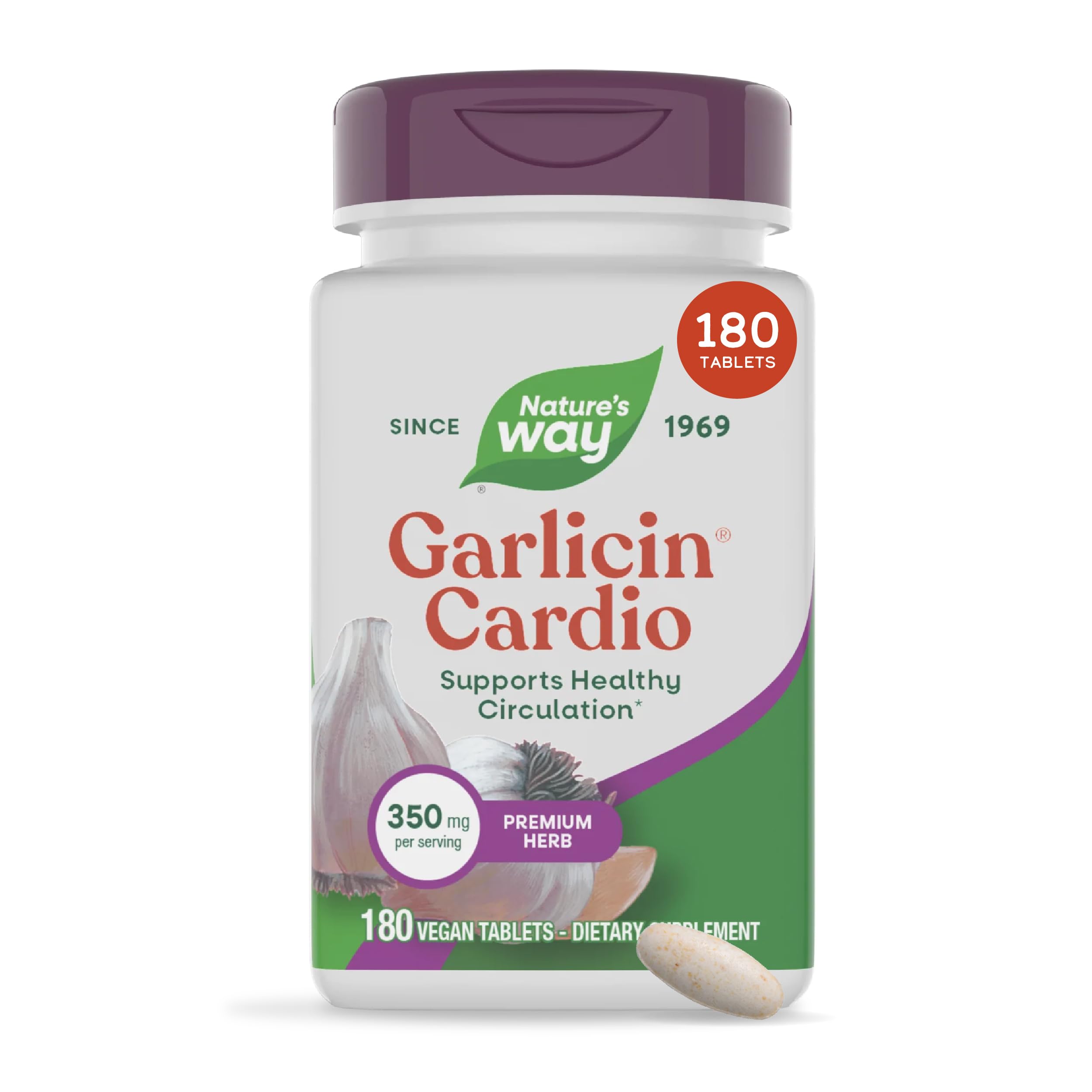 Nature's Way Garlicin Cardio Odorless Garlic Tablets, Vegan, 180 ct 180 Count (Pack of 1)