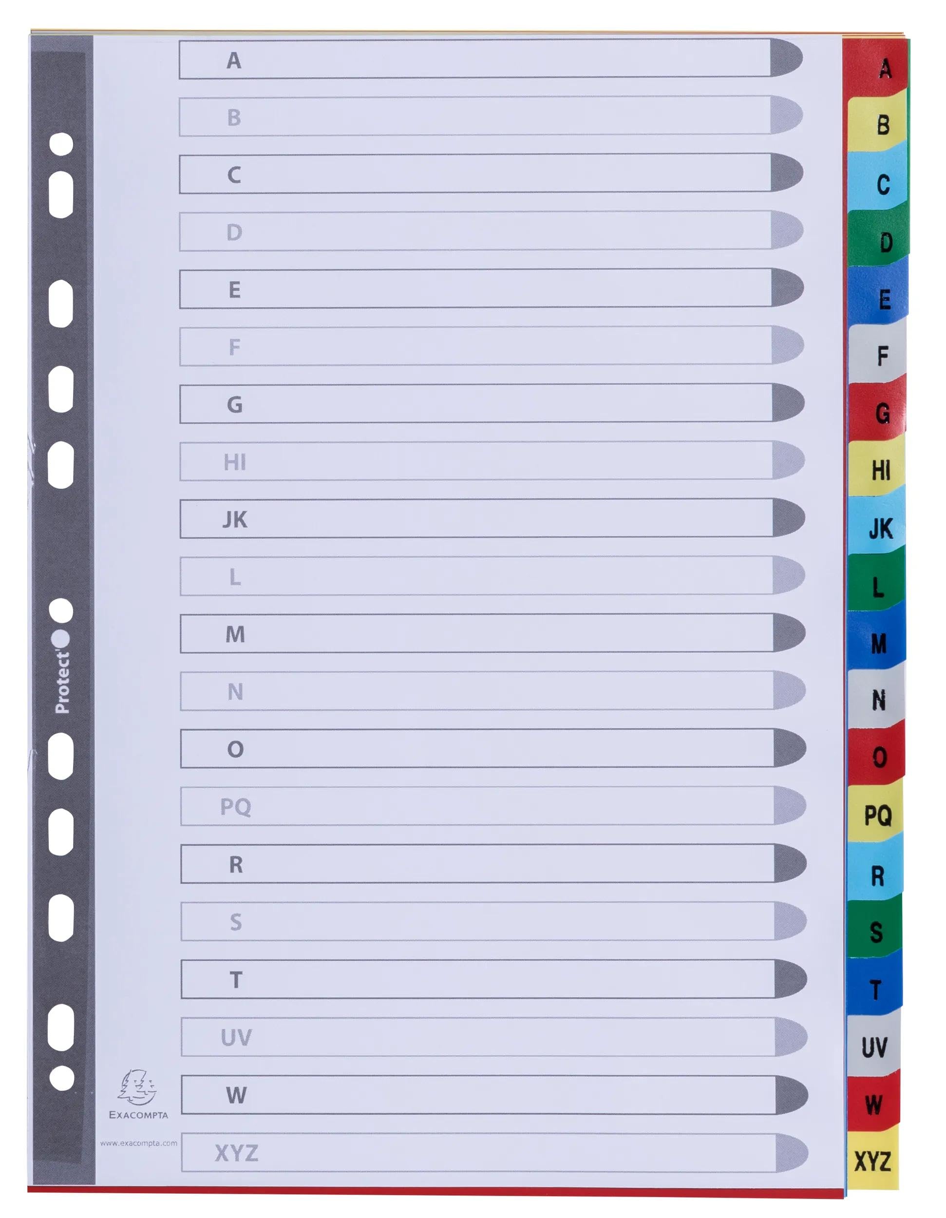 Exacompta - Art.-Nr. 94E – Karton mit 20 Registern aus Polypropylen mit 20 alphabetischen Registern von A bis Z in Farbe – Indexierungsseite – Format A4 – 22,5 x 29,7 cm