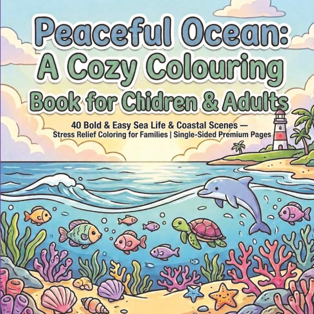 Peaceful Ocean: A Cozy Colouring Book for Children and Adults: 40 Bold & Easy Sea Life & Coastal Scenes — Stress Relief Colouring for Families | Single-Sided Premium Pages
