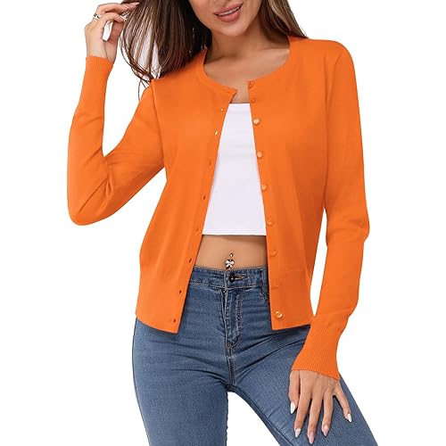 Newshows Women's Solid Button Down Long Sleeve Classic Crew Neck Knit Cardigan Sweater