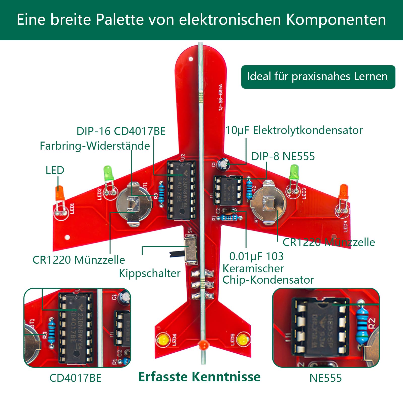 EIELE Elektronik-Lötübungsset – Leuchtender Flieger – Mit CD4017 Chip – Inkl. Anleitung – Löten Erforderlich