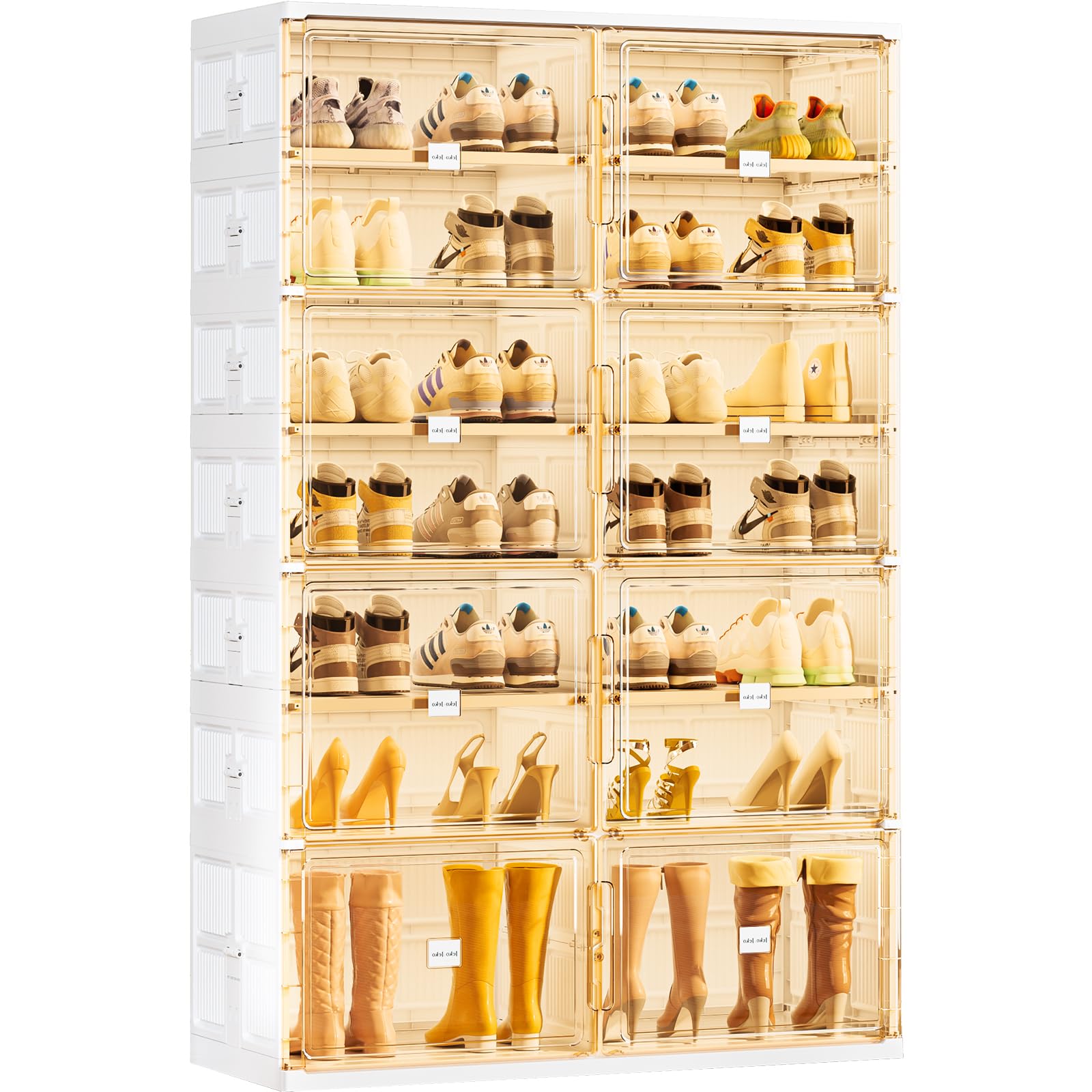 JEKO&amp;JEKO 7-Tier Foldable Shoe Storage Box with Magnetic Doors, Large Stackable Shoe Organizer Cabinet for Entryway, Clear Front Door Shoe Boxes Hold Up to 28 Pairs (White)