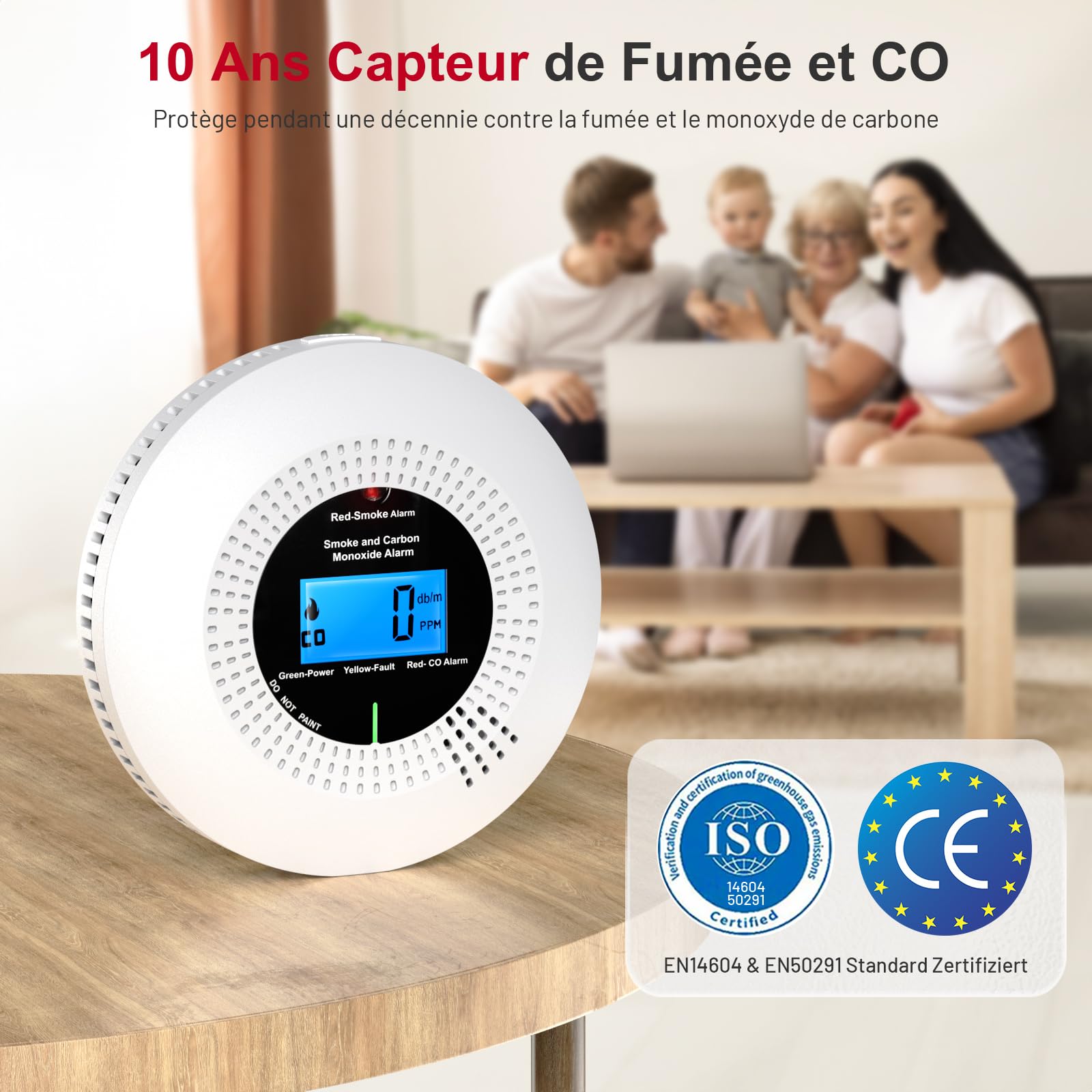 PHYSEN WiFi Détecteur de Fumée et de Monoxyde de Carbone, Durée de Vie de 10 Ans avec Batterie Remplaçable, avec Écran Numérique LCD Haute Précision, Certifié Normes EN14604 et EN50291, 1St