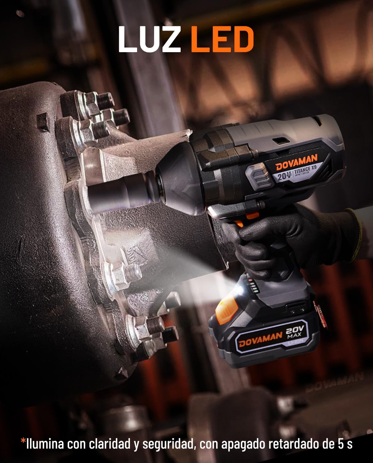 DOVAMAN TITANCE X9 Llave de Impacto Inalámbrica, 2200Nm Alto Par 3/4'' Llave de Impacto, 20V Sin Escobillas, 5 Velocidades, Batería 4.0Ah, Cargador, Destornillador Eléctrico para Trabajos Pesados
