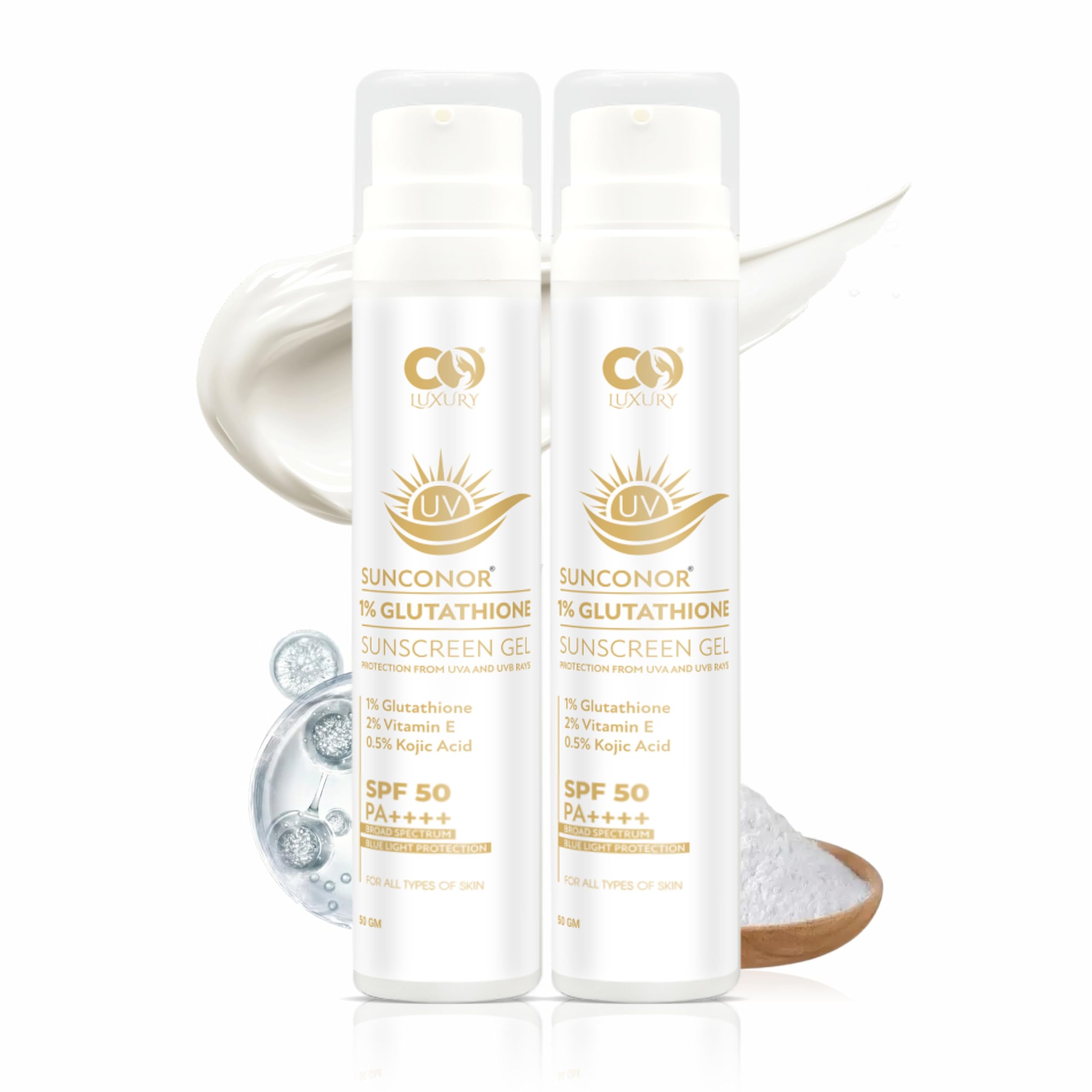 CO LUXURY 1% Glutathione & Kojic Acid Sunscreen Gel | SPF 50 PA++++ | Quick Absorbing, No White Cast, Lightweight Sun Protection for All Skin Types | 50g (2)