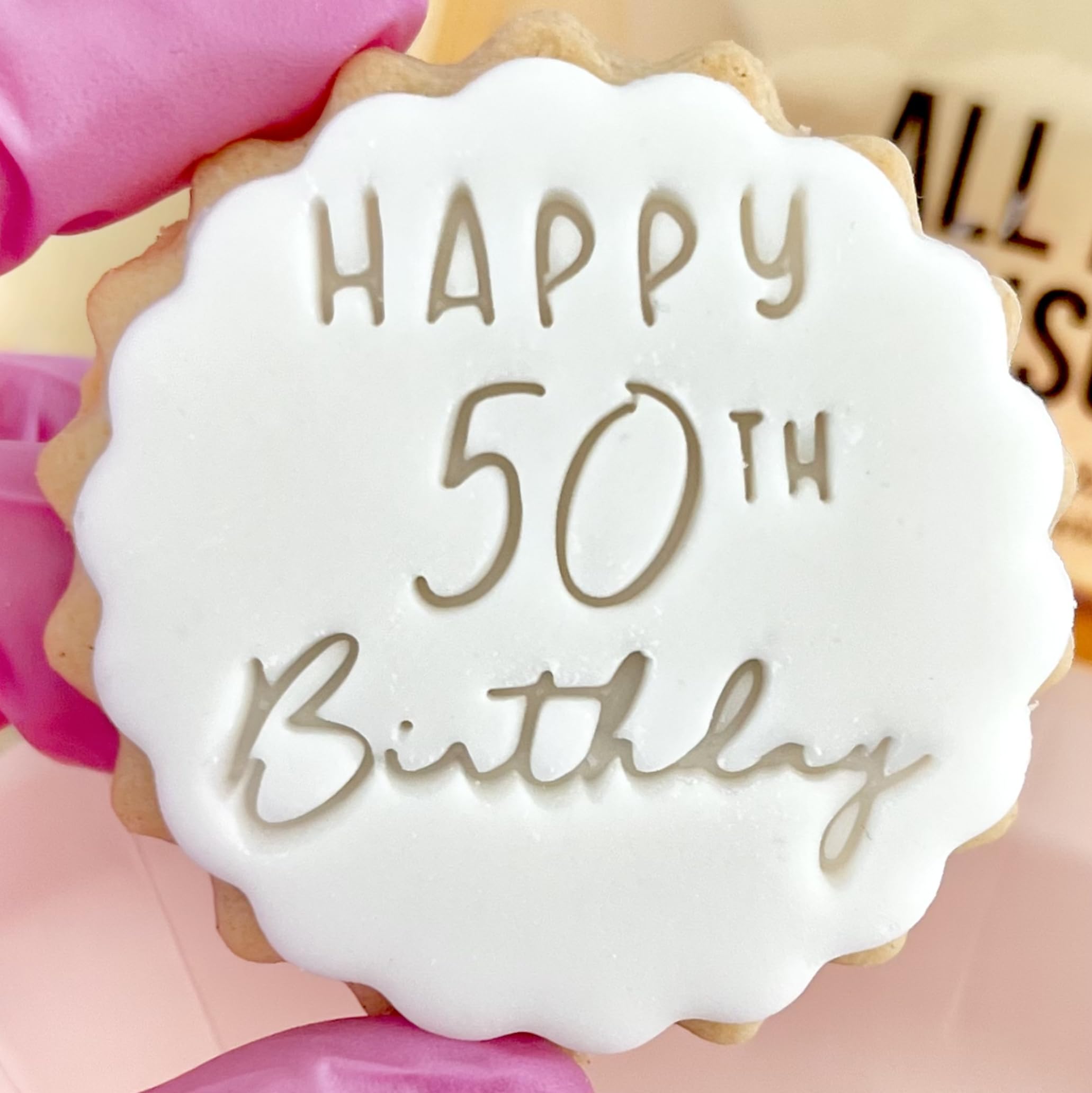Happy 50th Birthday Cookie Cutter Stamp Embosser fits m&s Biscuits Great for Fondant Icing Fifty 50 Birthday Reusable Marks and Spencers Party Favours Free Matching Cutter