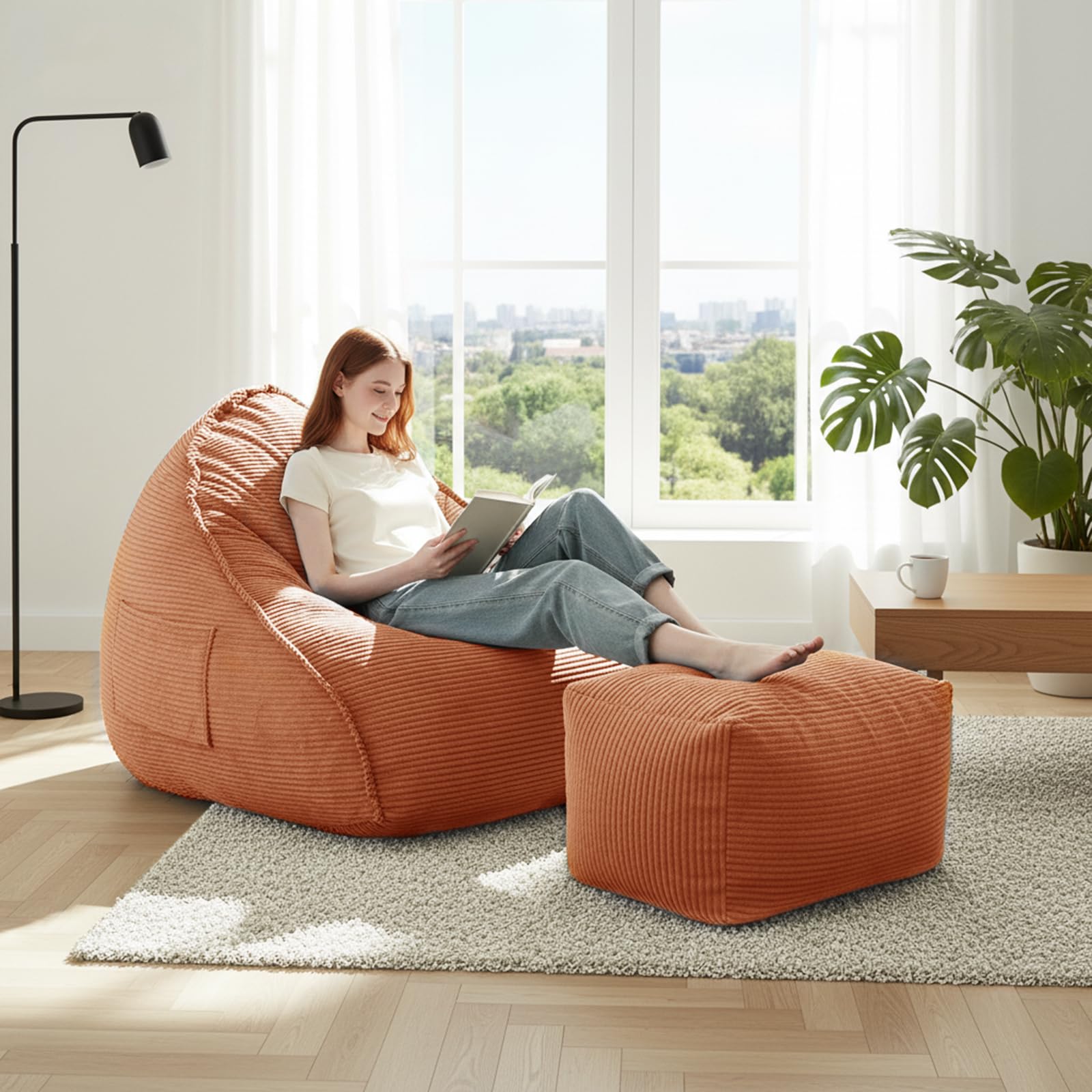 Bean Bag Chair with Ottoman for Adults, Large Corduroy Bean Bag Couch, Boneless Chaise Lounge Reading Chair with High-Resilience Foam, Floor Lounger