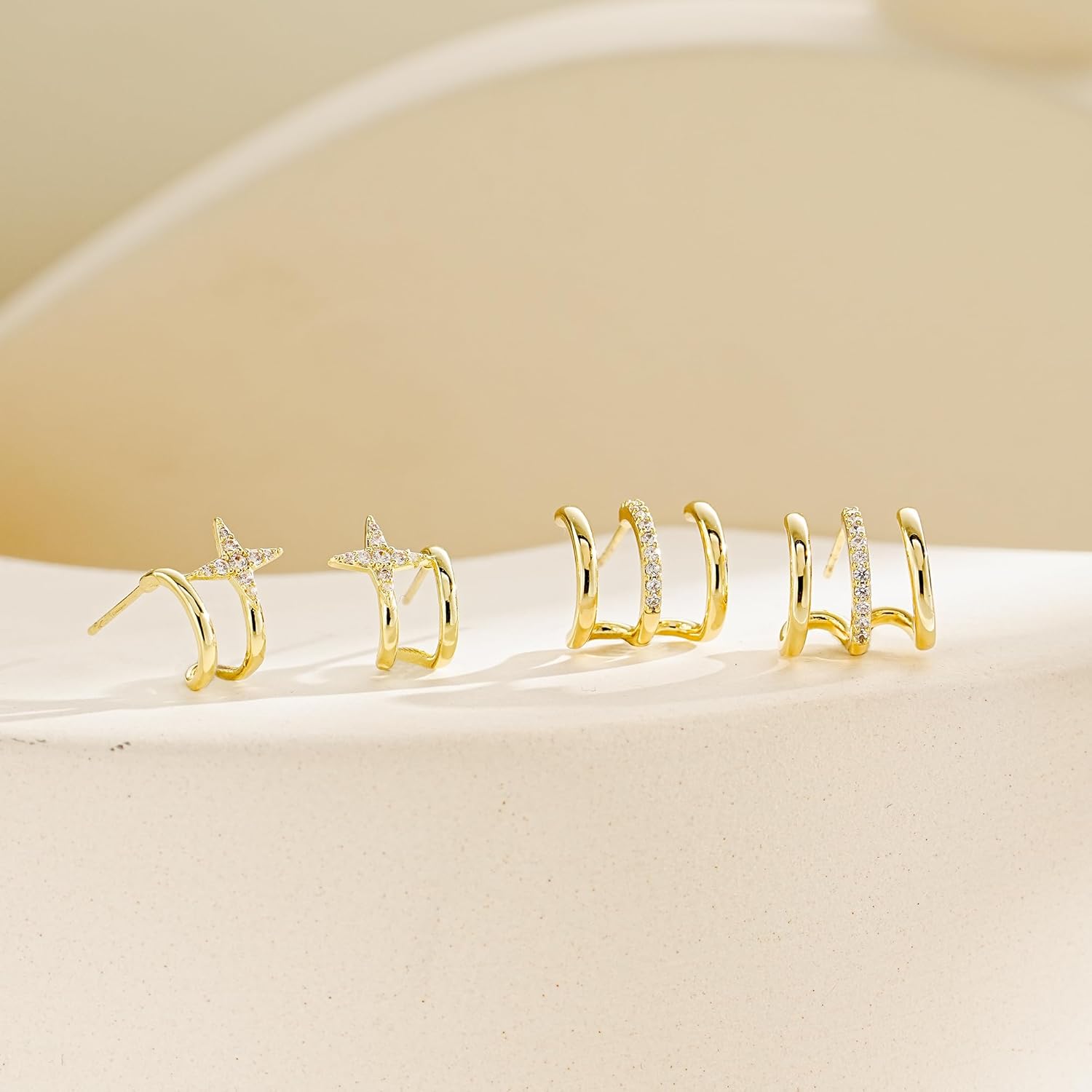 Triple Huggie Hoop Earrings with Star Dangle- Small 14K Gold Plated Cubic Zirconia Half Hoop Earrings Stack, Hypoallergenic Non Tarnish Dainty Jewelry Gift for Women - Image 7