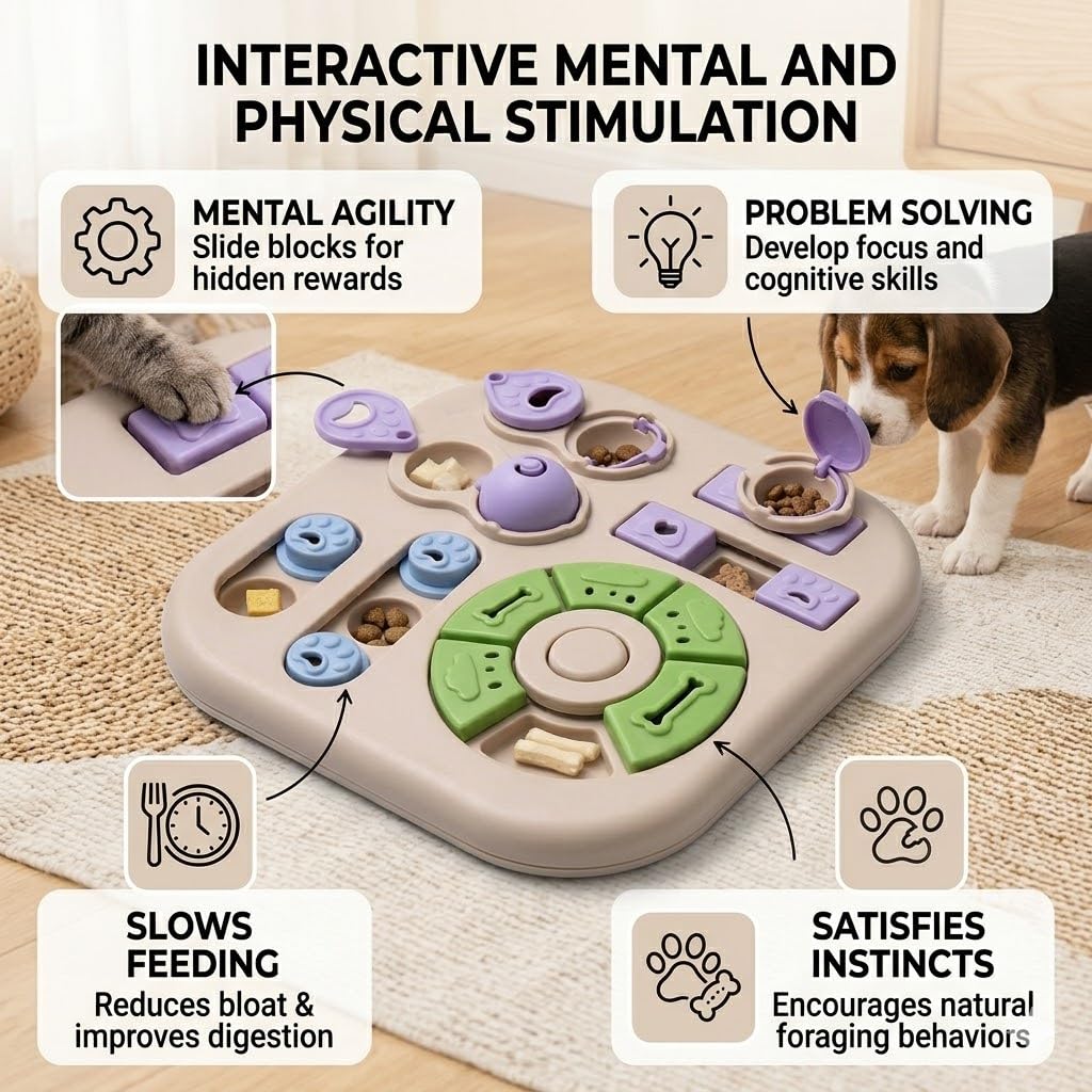 Juguete de Inteligencia y Comedero Antiatragantamiento para Perros, Dispensador Comida Perros Interactivo con Escondites para Golosinas, Juego Mental Antiestrés para Cachorro, Base Antideslizante