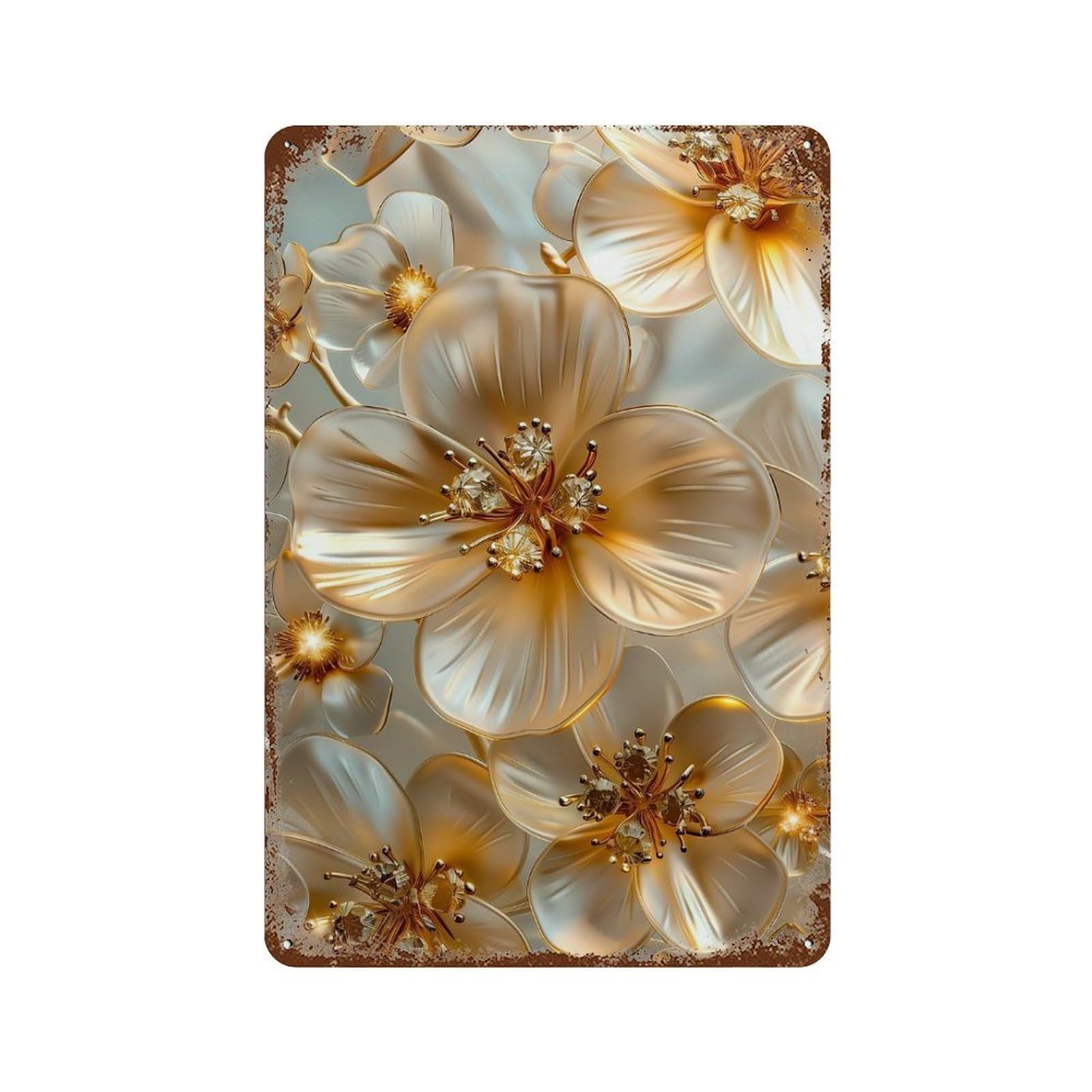 Golden Flowers Blossom Distressed Metal Wall Sign 11.8"x7.9", Rustic Home Decor for Living Room, Hallway And Home Decor