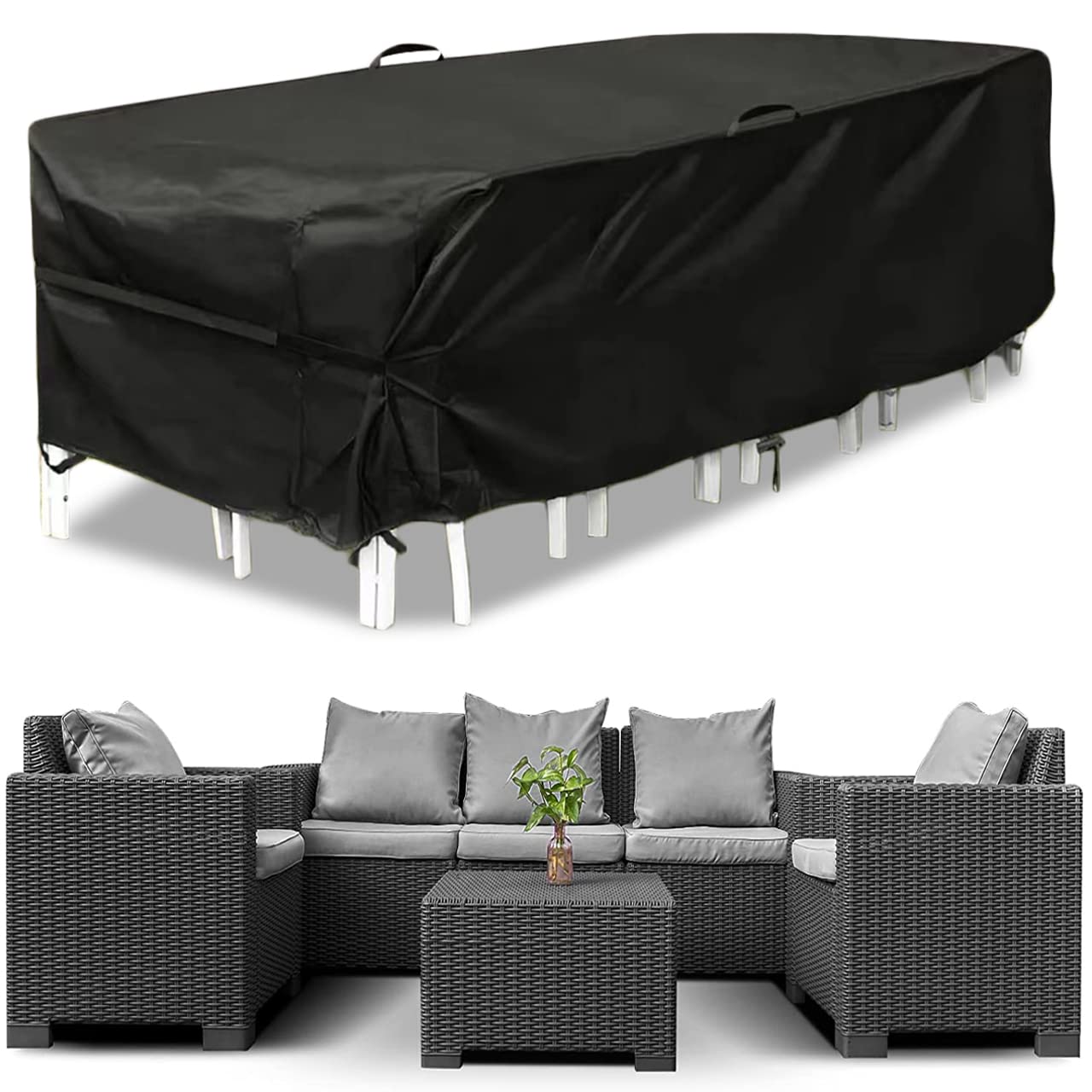 SKADE Upgraded Version Outdoor Patio Furniture Covers Waterproof Extra Large Patio Set Table Covers Rectangular with Velcro No Tears Anti UV No Fading Fits 12-18Seat (350x260x90cm)